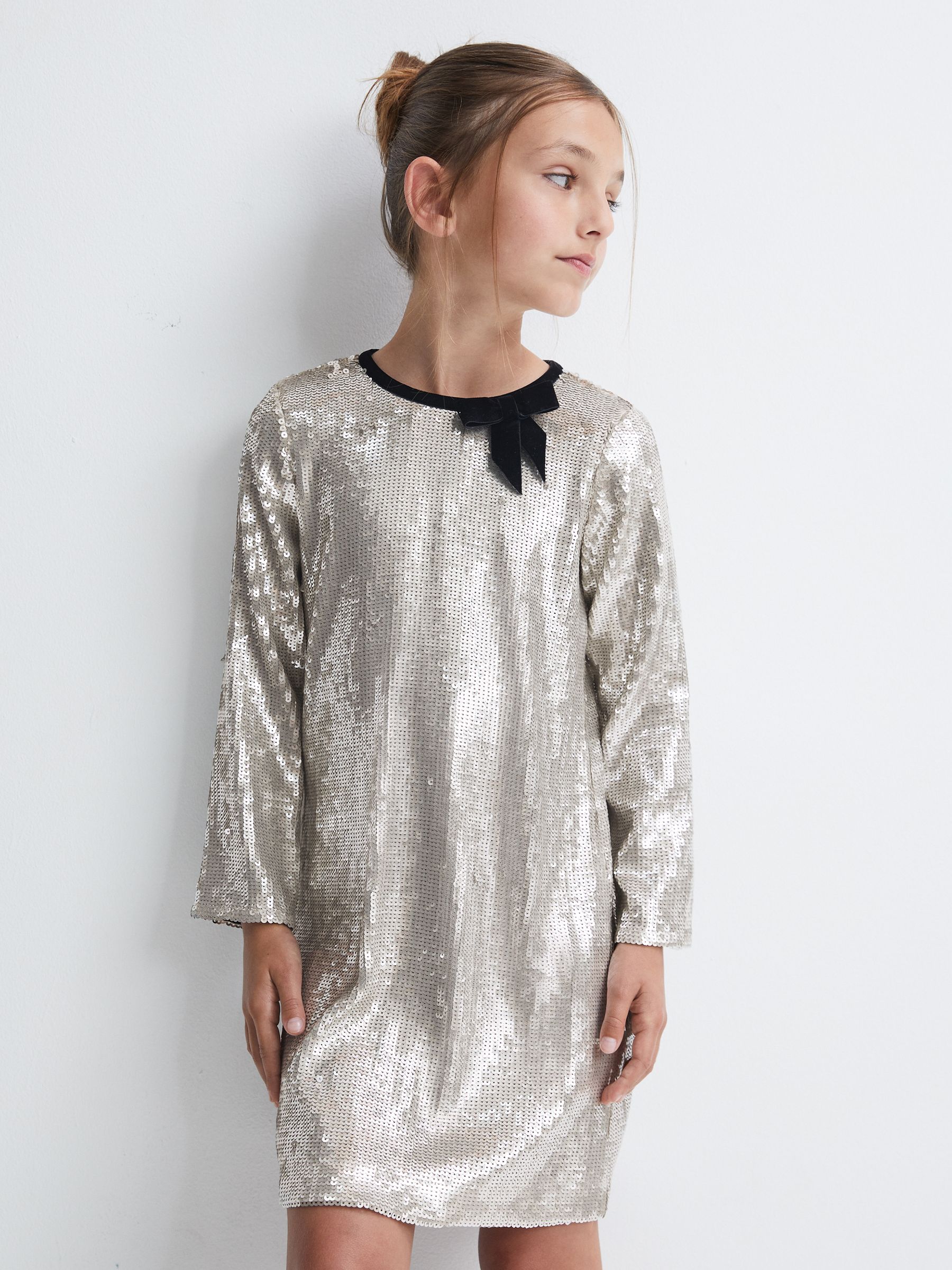 9-14 yrs Sequin Bow Dress in Silver - Image 3 of 5