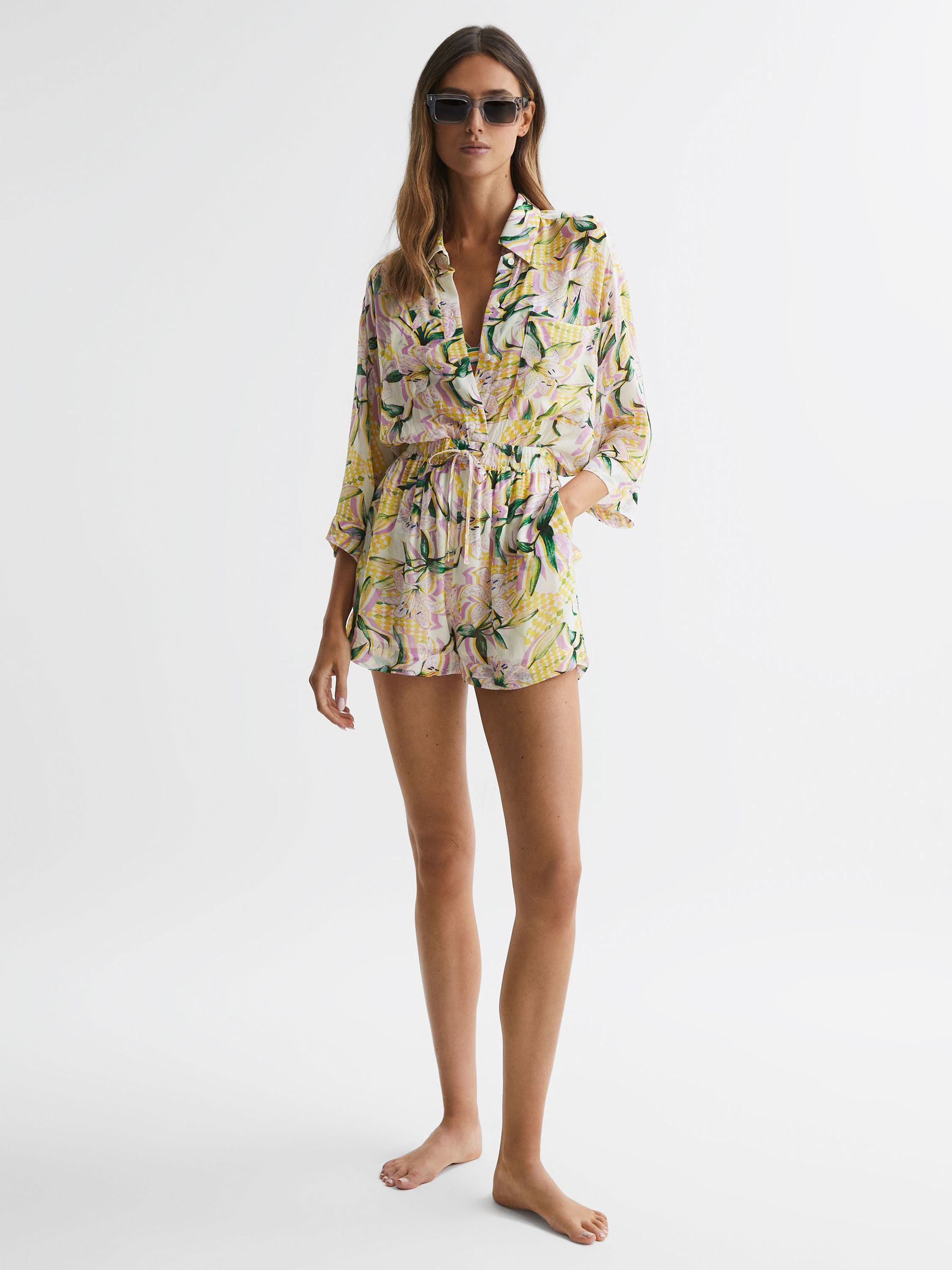 Floral Print Drawstring Shorts in Yellow Print - Image 1 of 4
