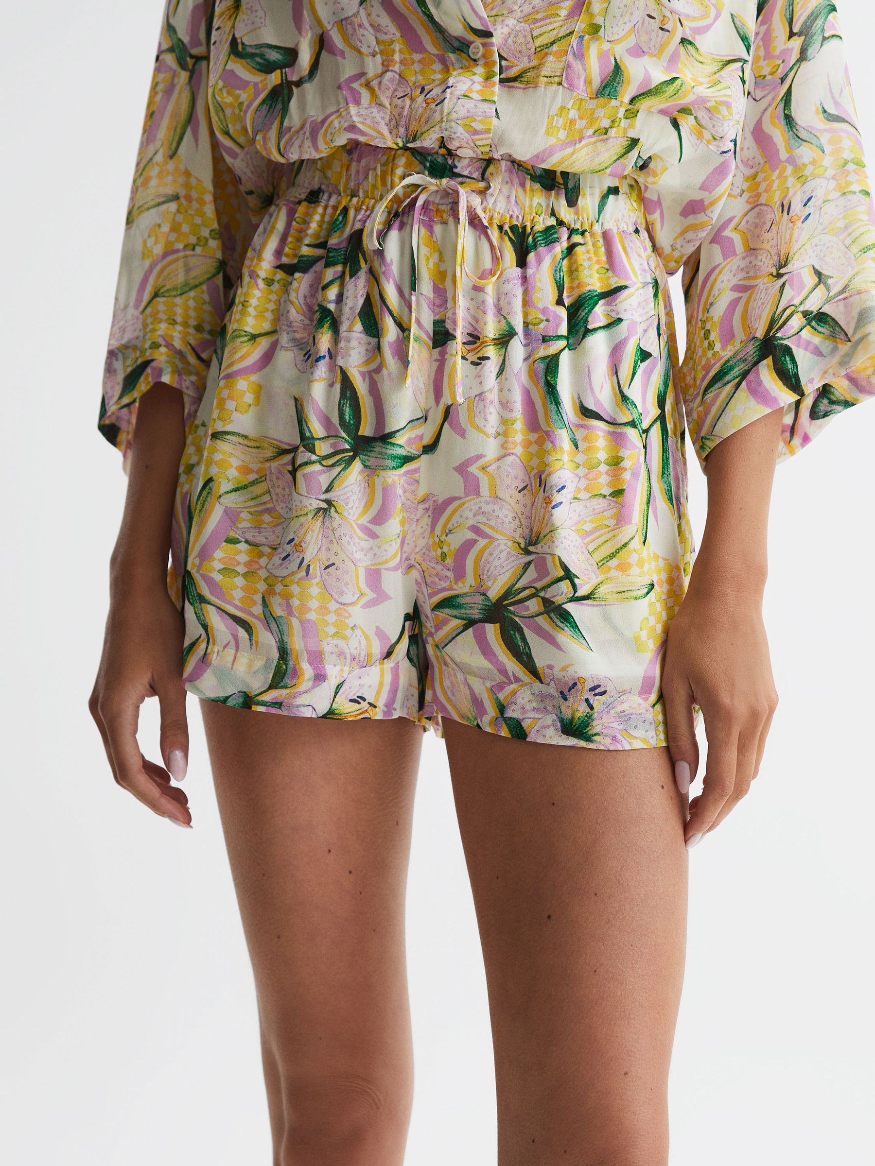 Floral Print Drawstring Shorts in Yellow Print - Image 4 of 4