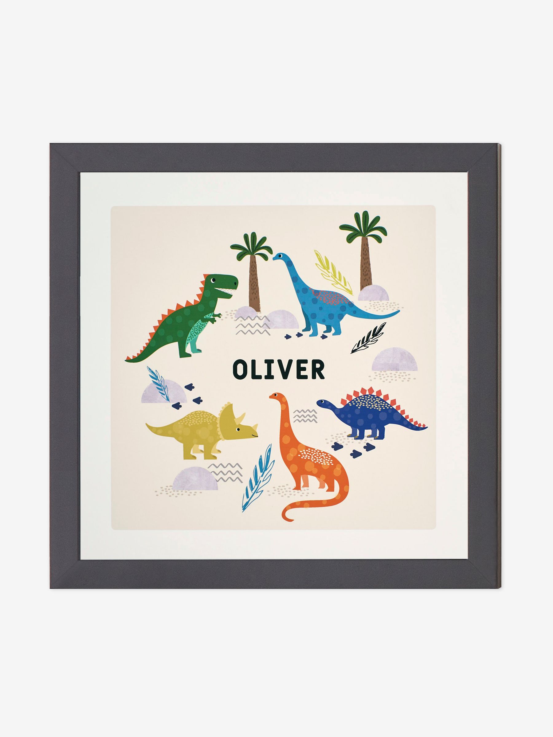 Black Personalised & Framed Bright Dinosaur Print - Image 1 of 1