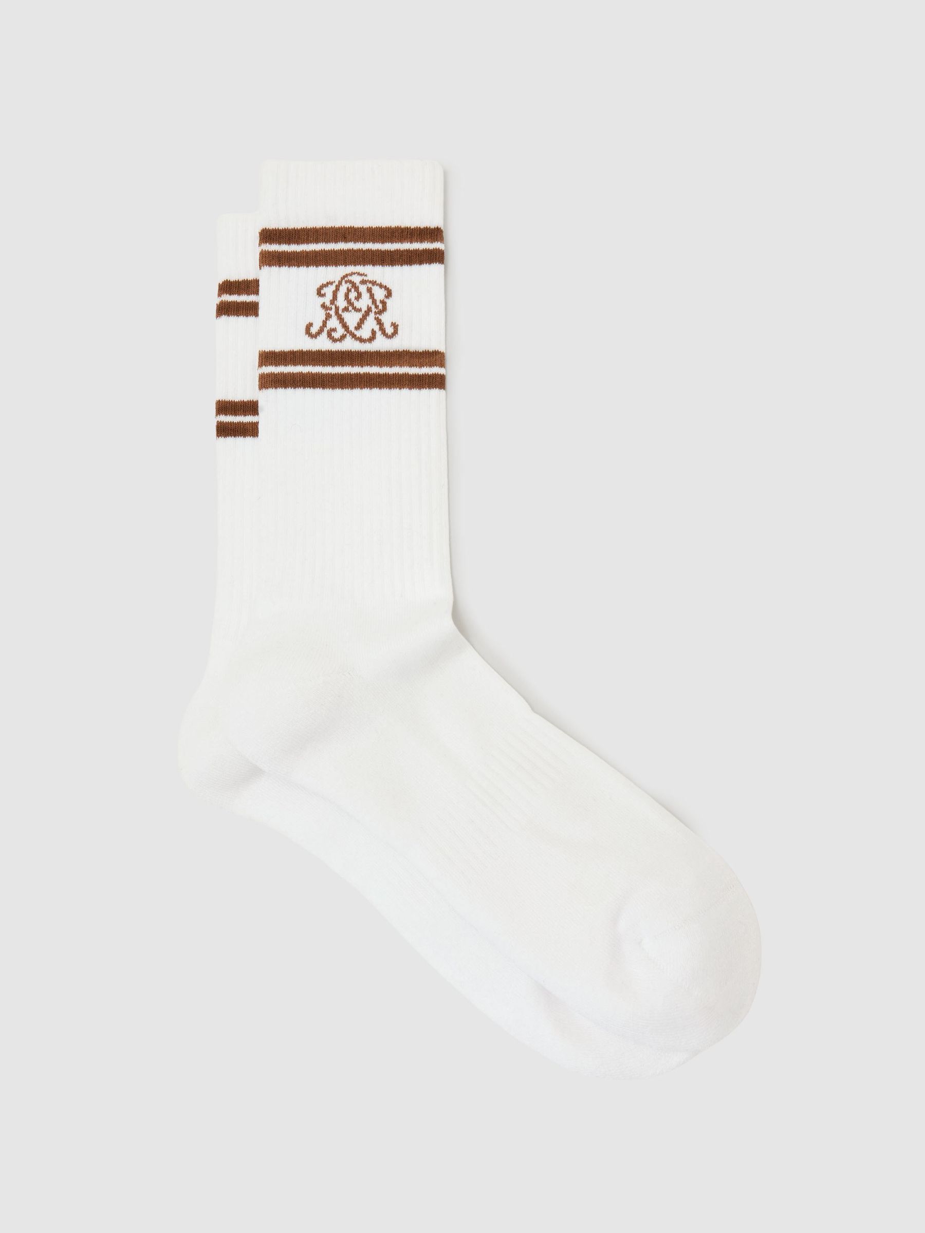 Monogram Cotton-Blend Rib Sport Socks in White/Camel Brown - Image 1 of 4 Monogram Cotton-Blend Rib Sport Socks in White/Camel Brown - Image 1 of 4