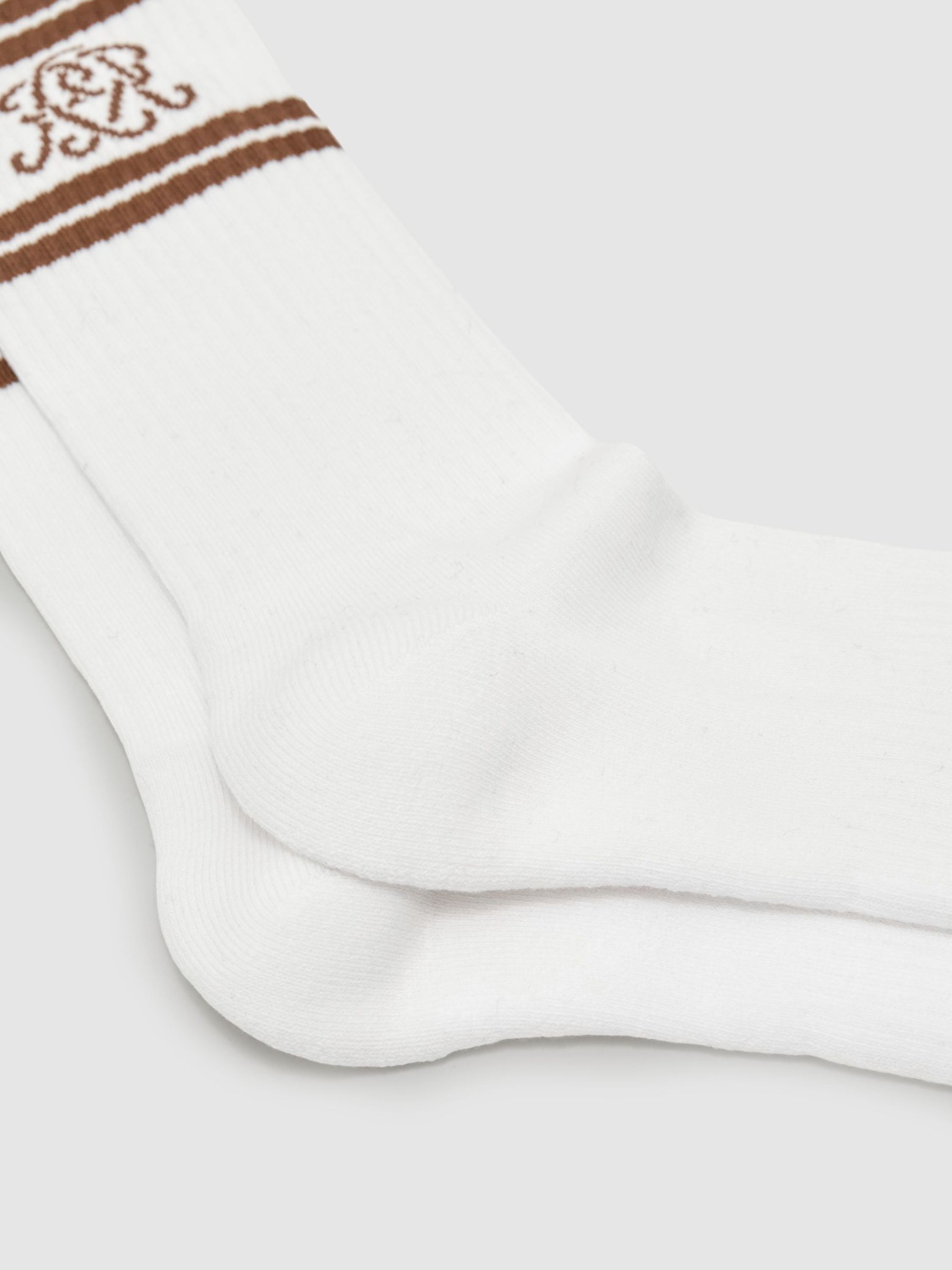 Monogram Cotton-Blend Rib Sport Socks in White/Camel Brown - Image 3 of 4