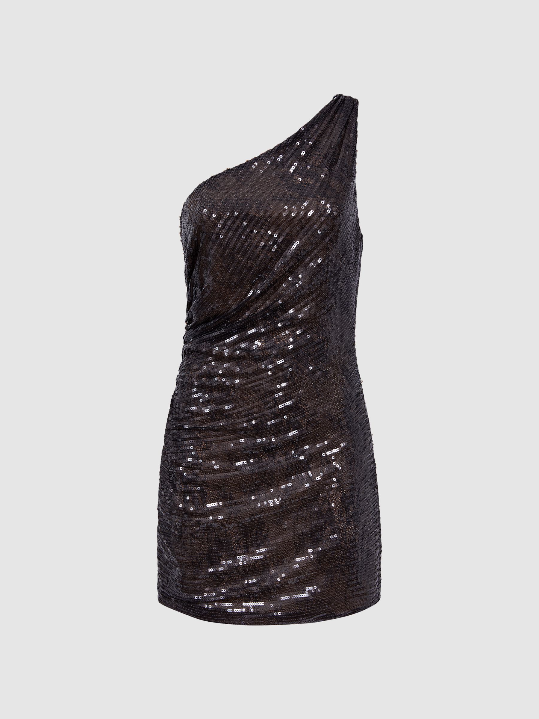 Halston Sequin One-Shoulder Mini Dress in Black - Image 2 of 5