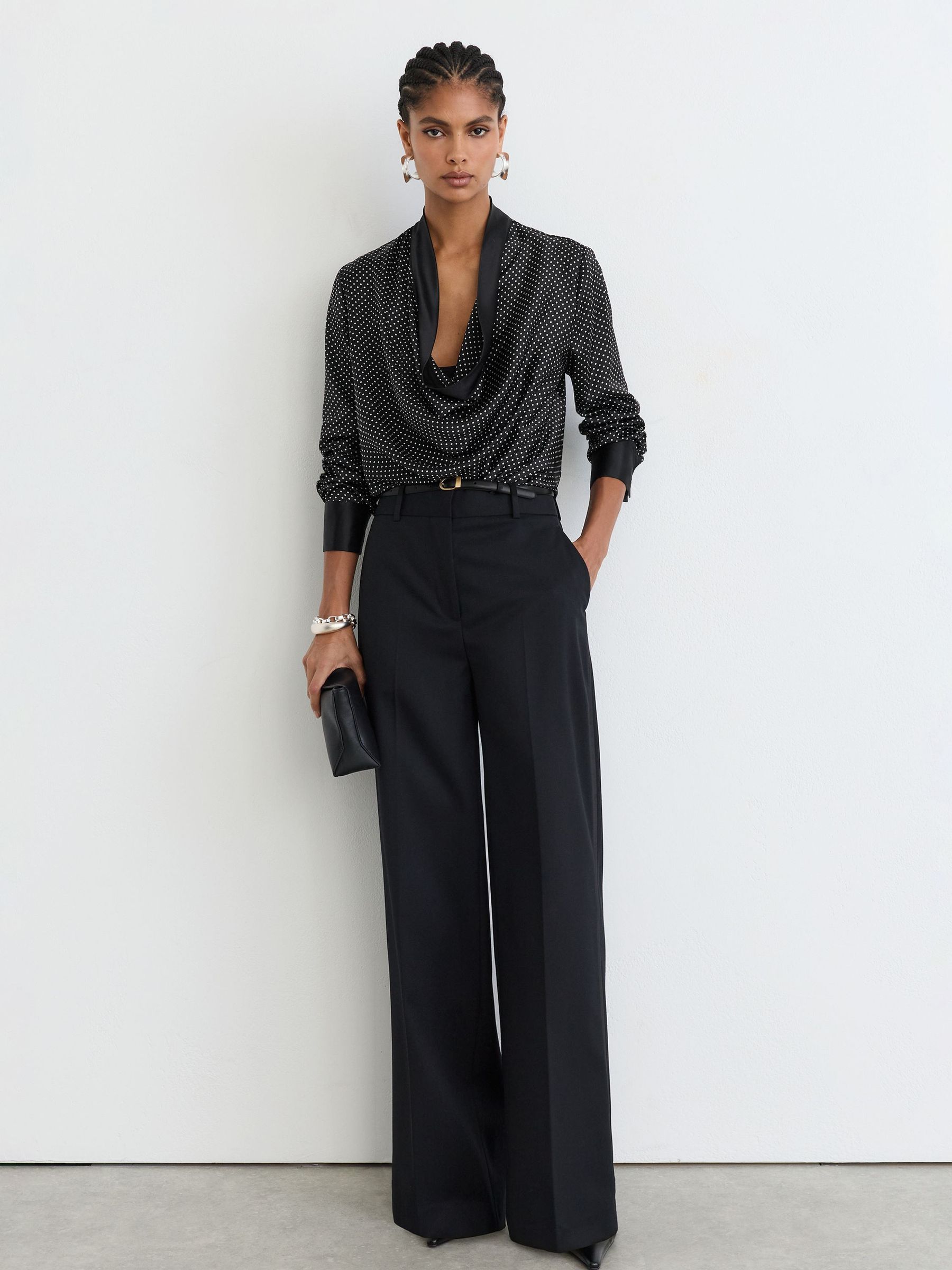 Silk Polka-Dot Cowl-Neck Blouse in Black/Ivory - Image 3 of 7