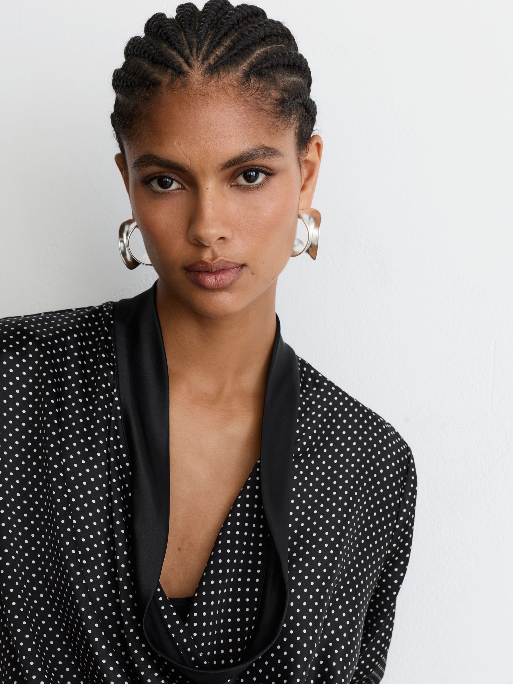 Silk Polka-Dot Cowl-Neck Blouse in Black/Ivory - Image 4 of 7