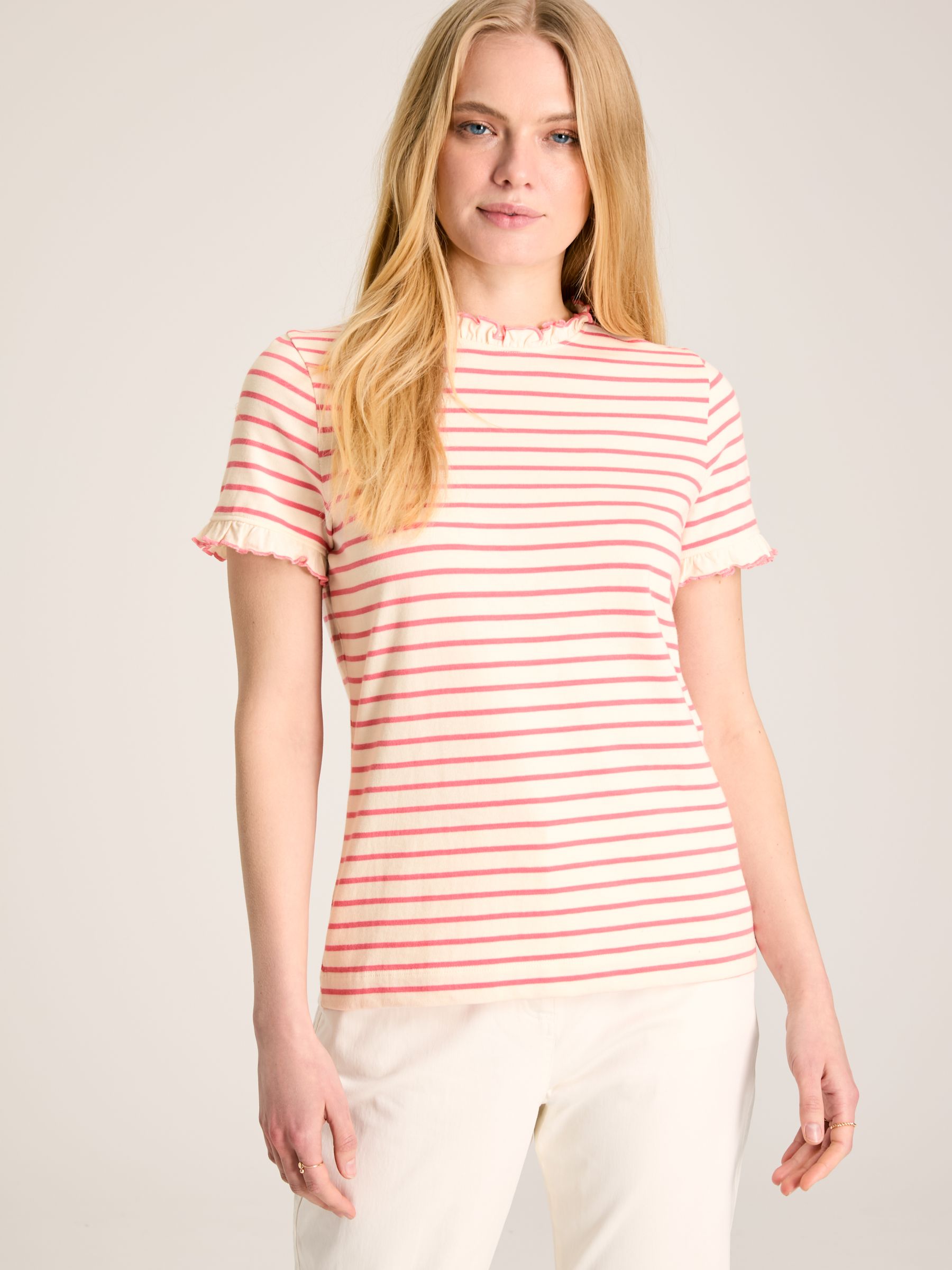 Daisy Pink/Cream Short Sleeve Frilled Neck Top - Image 1 of 7