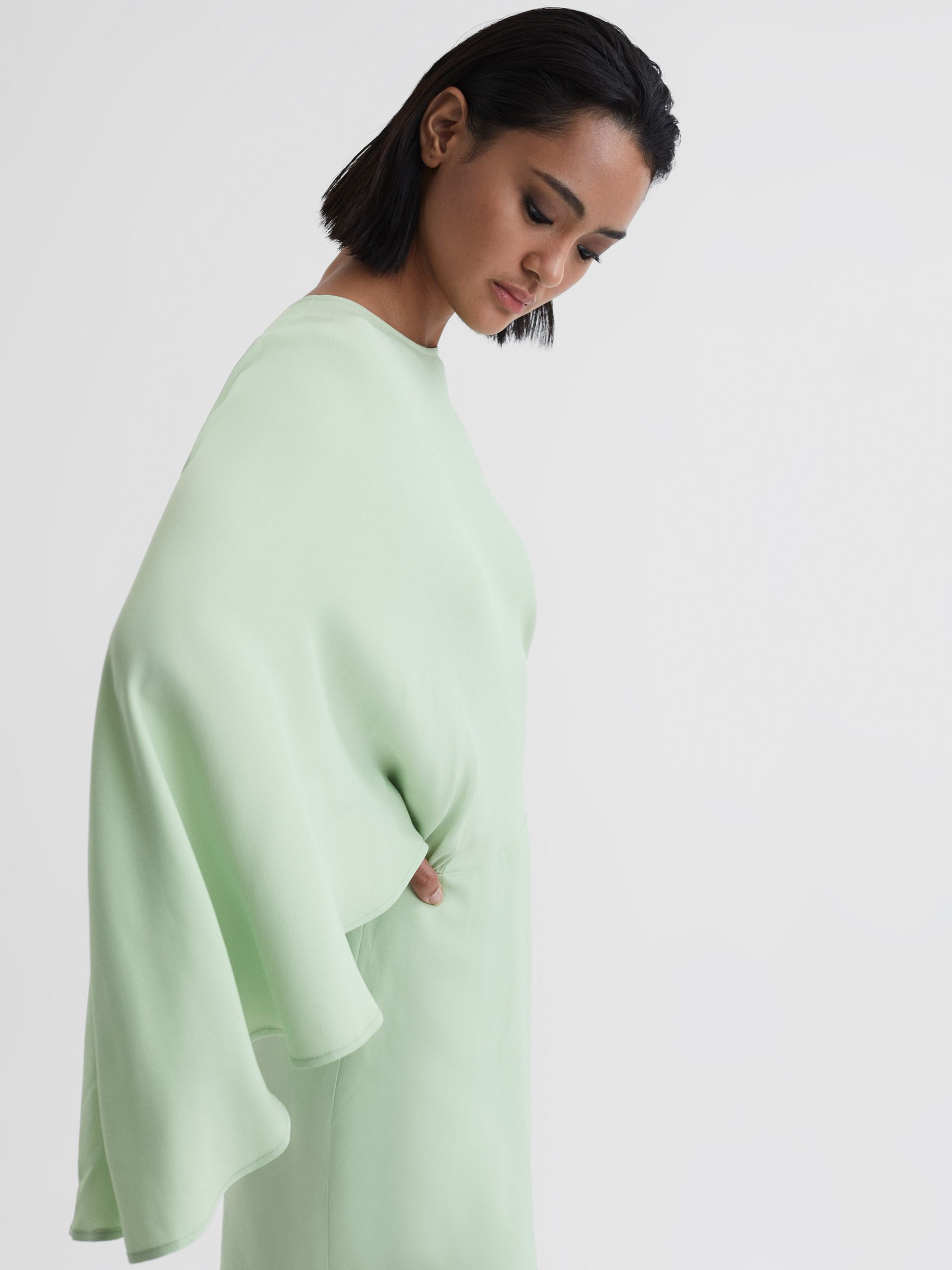 Cape Sleeve Asymmetric Mini Dress in Sage - Image 3 of 5