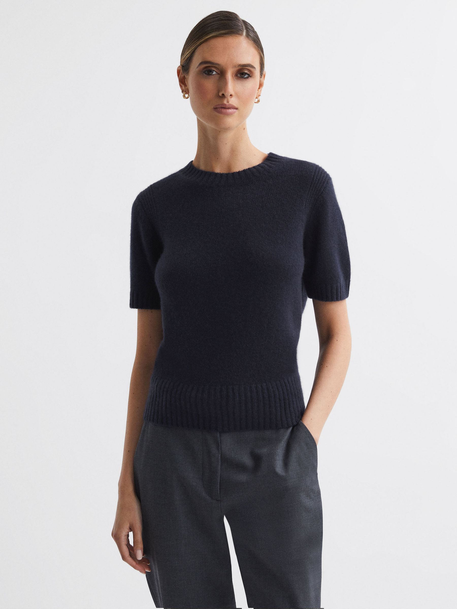 Cashmere Short Sleeve Crew Neck T-Shirt in Navy - Image 1 of 5