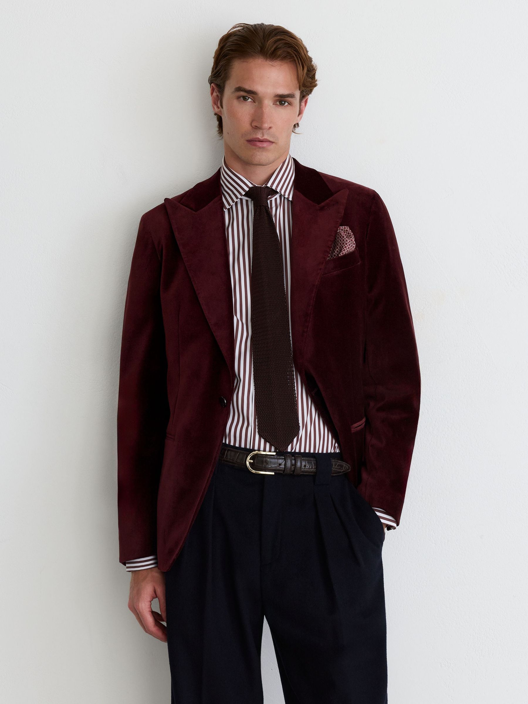 Tailored Fit Velvet Single-Breasted Blazer in Bordeaux - Image 1 of 9