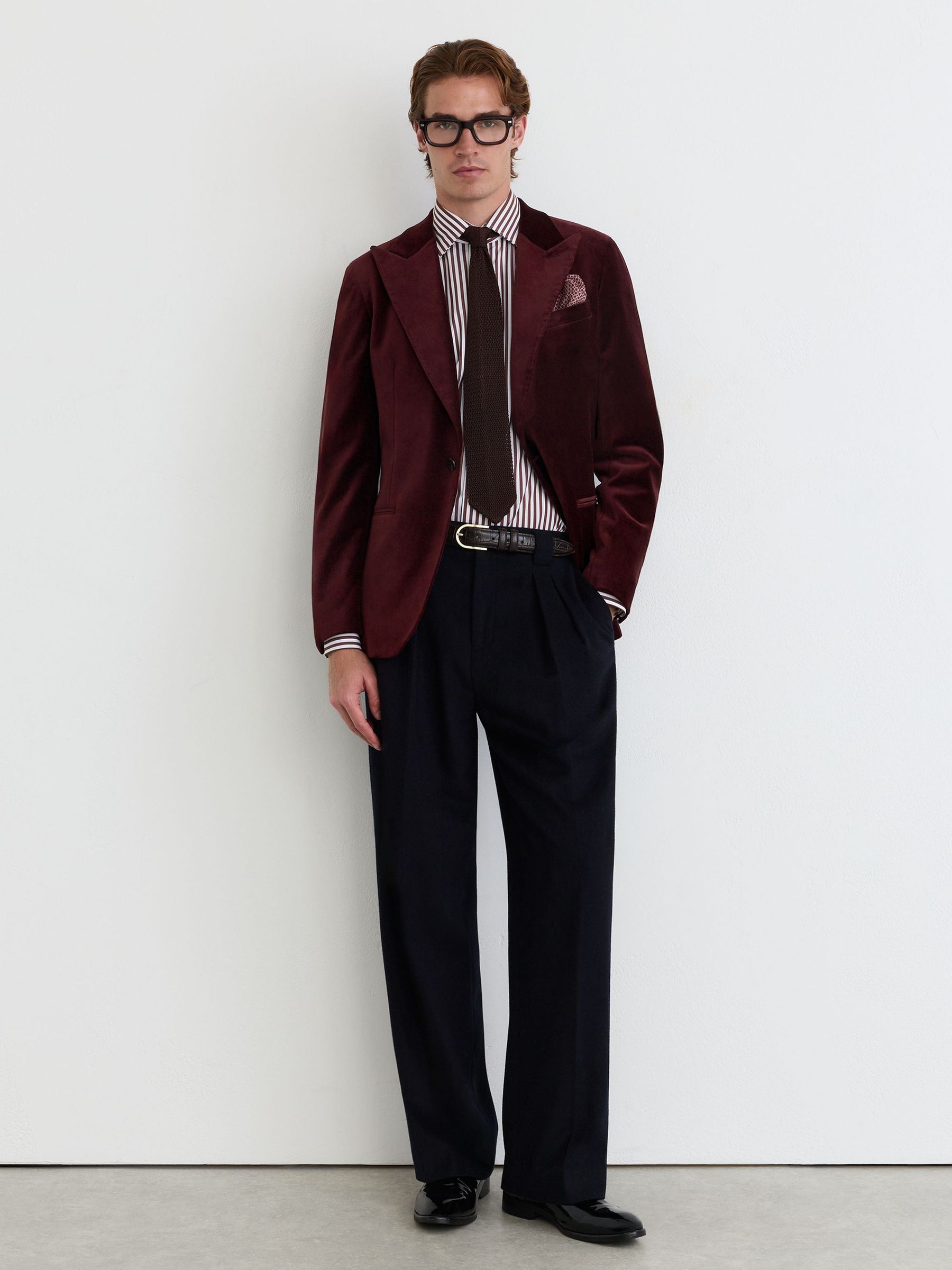 Tailored Fit Velvet Single-Breasted Blazer in Bordeaux - Image 4 of 9
