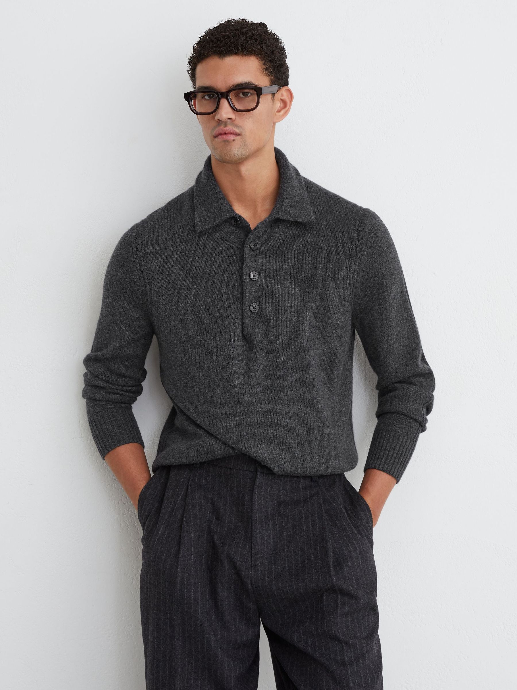 Wool-Blend Polo Shirt in Mid Grey - Image 6 of 8
