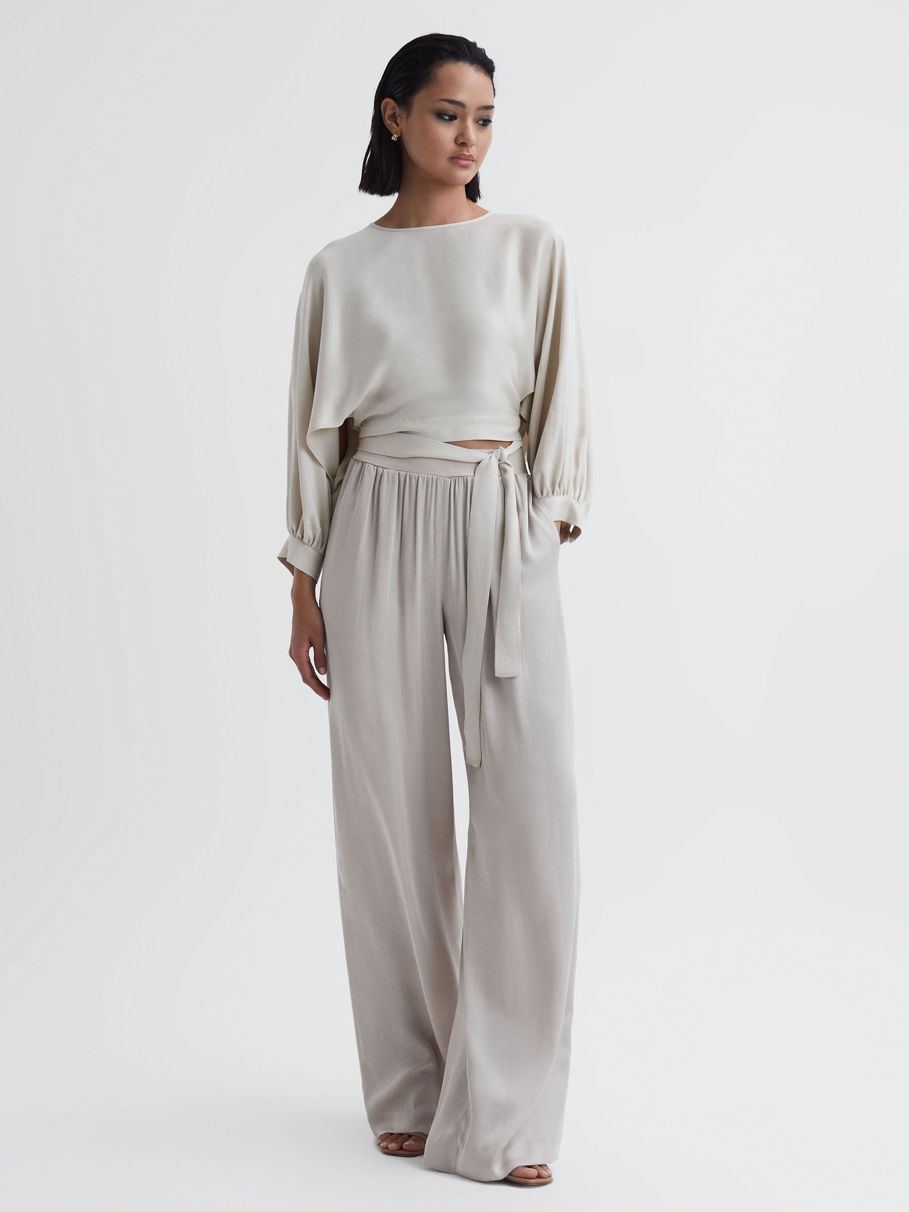Wide Leg Elasticated Waist Trousers in Neutral - Image 1 of 4