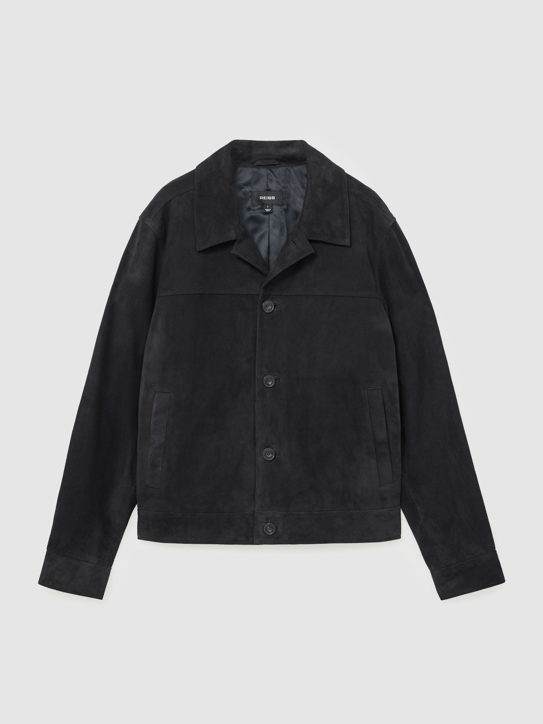 Suede Revere-Collar Jacket in Navy - Image 2 of 8 Suede Revere-Collar Jacket in Navy - Image 2 of 8
