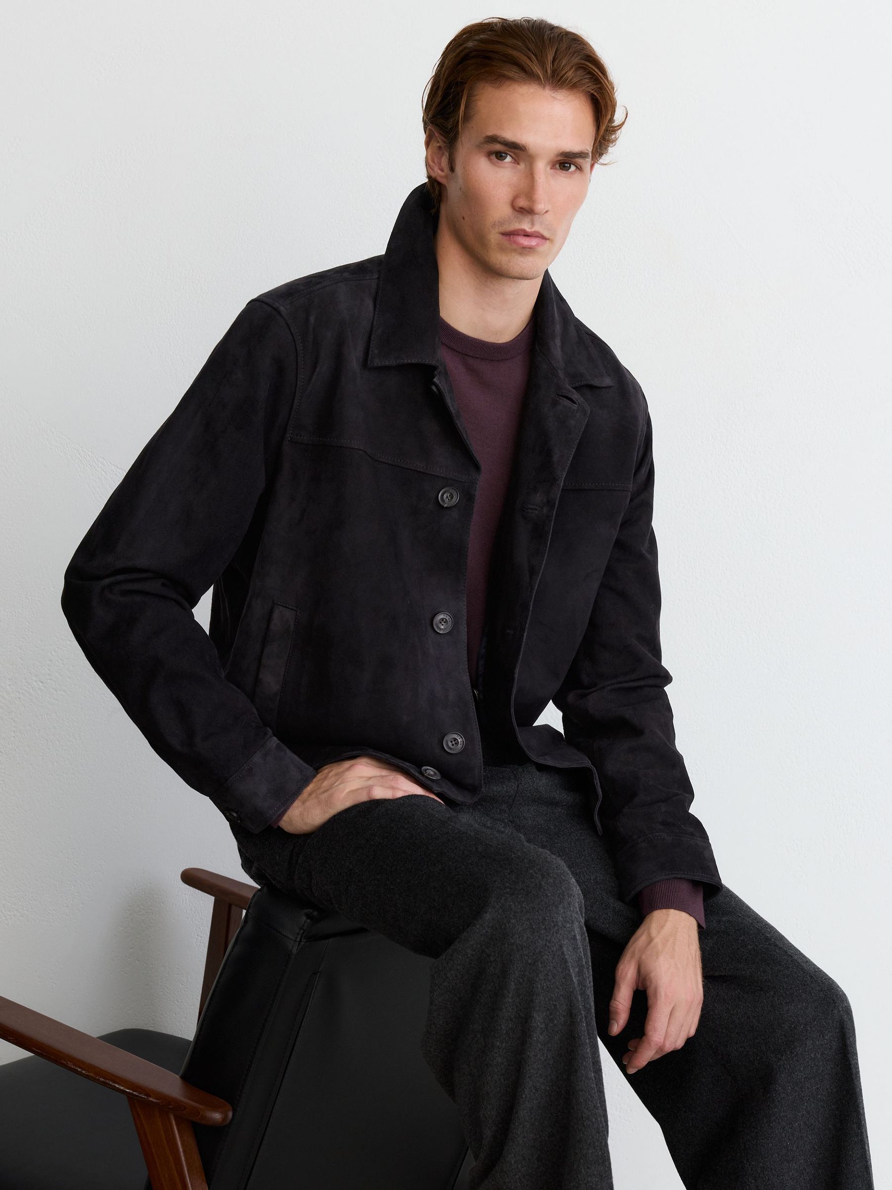 Suede Revere-Collar Jacket in Navy - Image 4 of 8