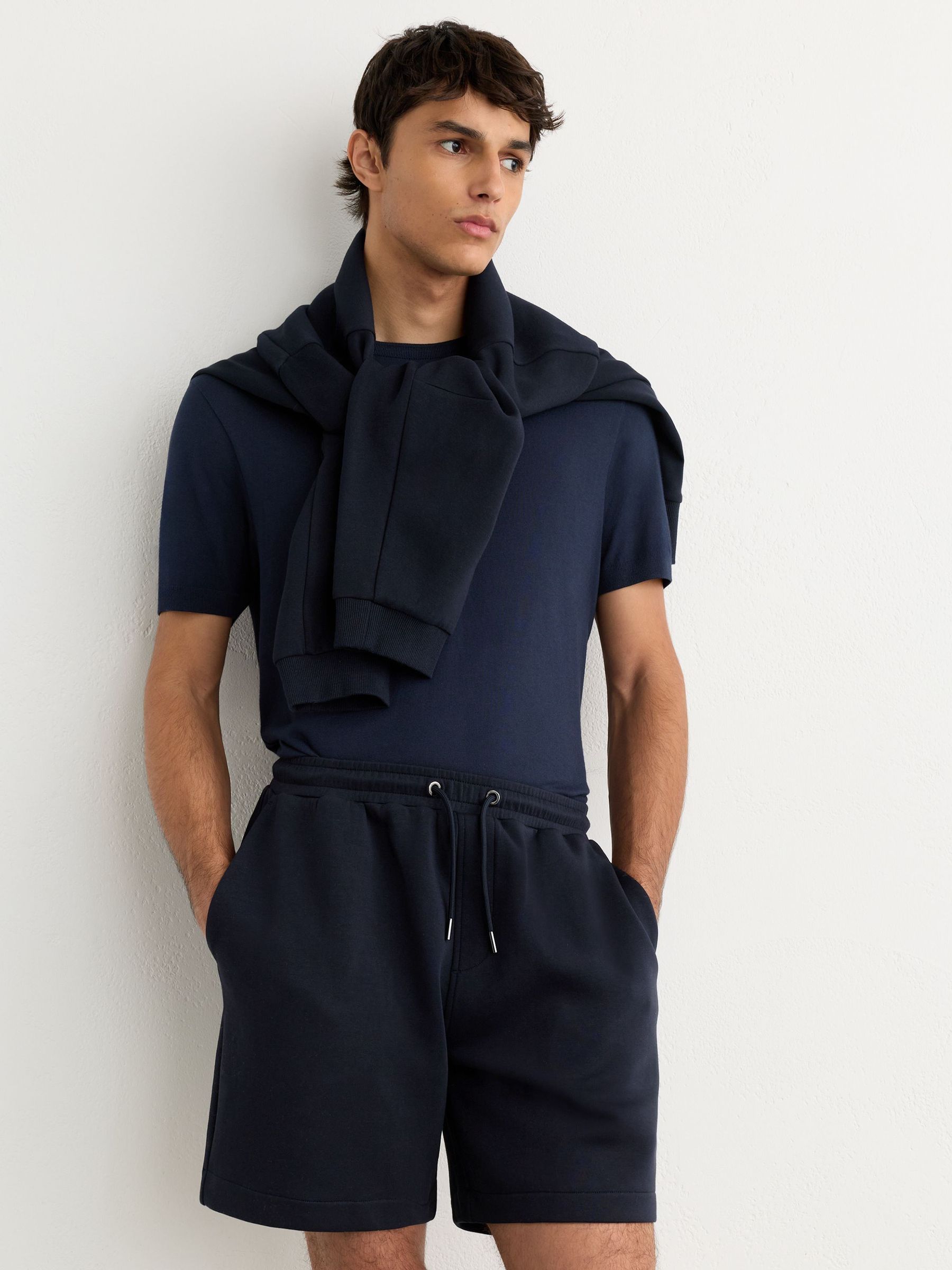 Sueded Interlock Jersey Drawstring Shorts in Navy - Image 1 of 6