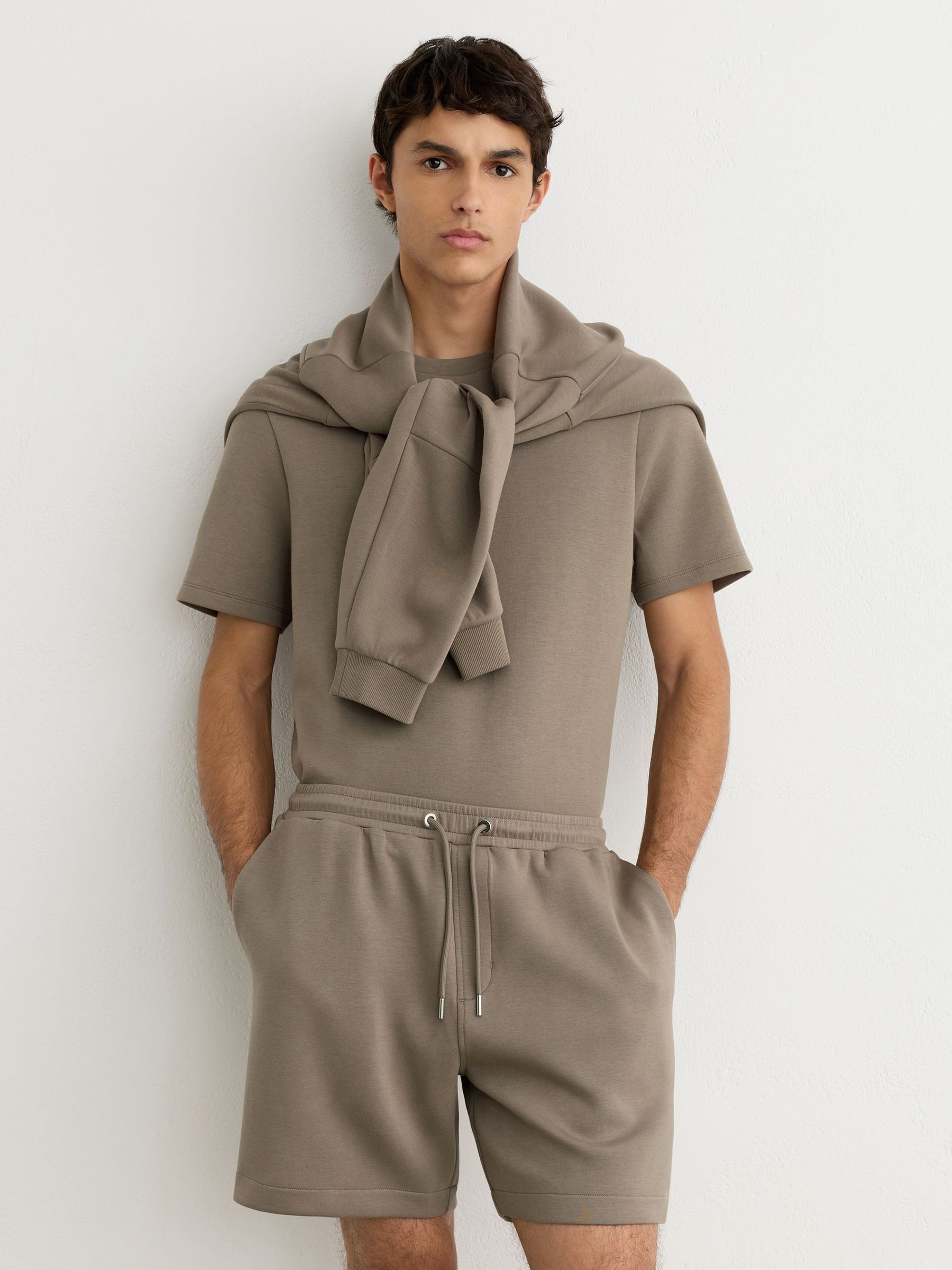 Sueded Interlock Jersey Drawstring Shorts in Mushroom Brown - Image 1 of 5 Sueded Interlock Jersey Drawstring Shorts in Mushroom Brown - Image 1 of 5