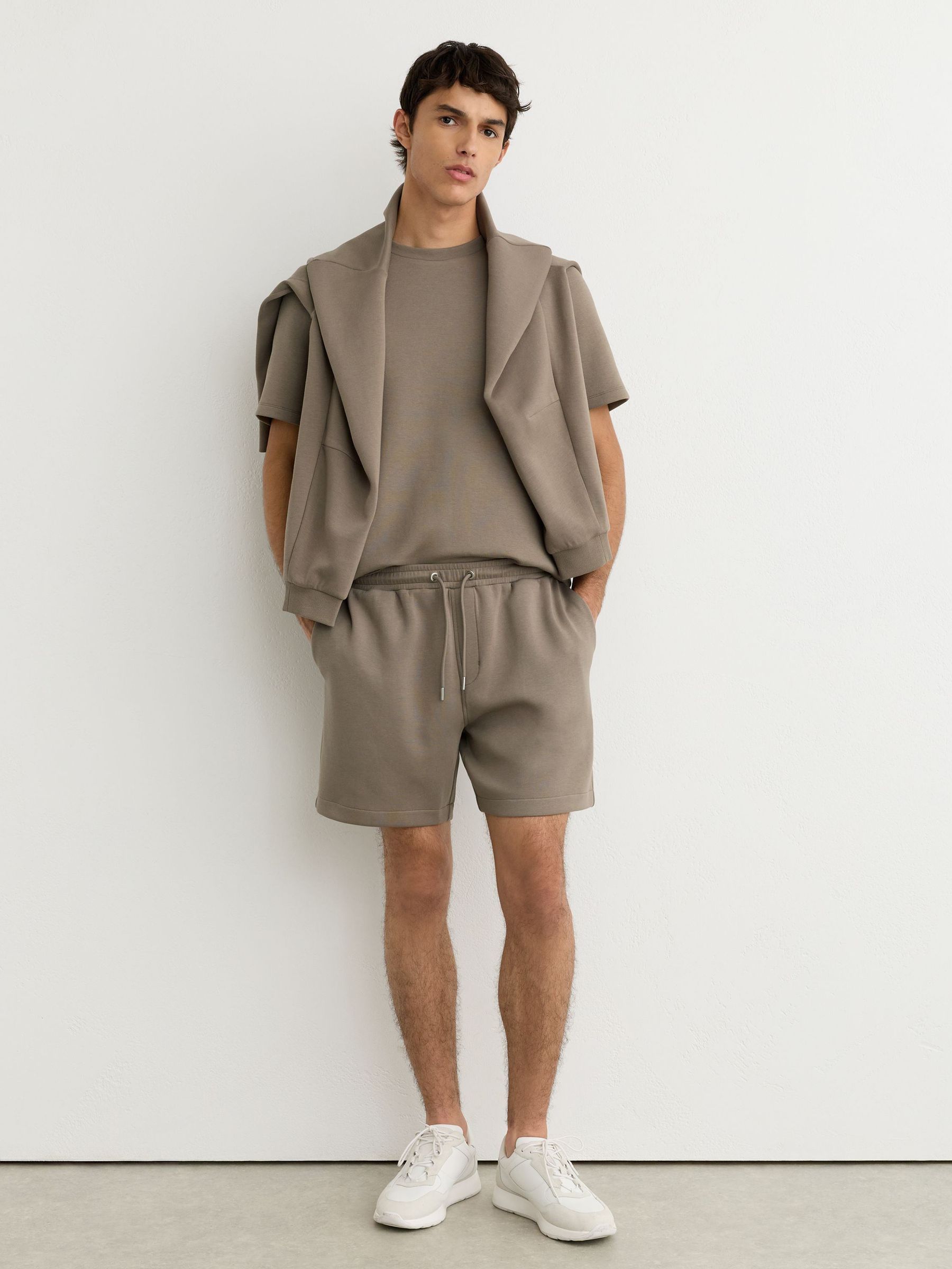 Sueded Interlock Jersey Drawstring Shorts in Mushroom Brown - Image 3 of 5