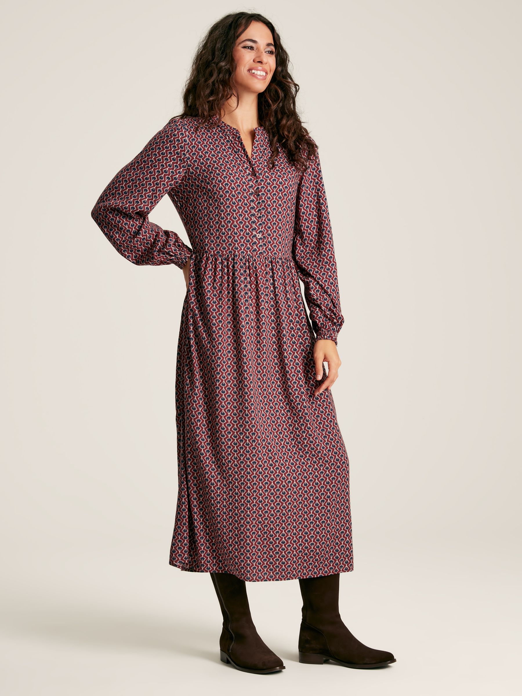 Robyn Burgundy Red Balloon Sleeve Midi Dress | Joules Robyn Burgundy Red Balloon Sleeve Midi Dress | Joules
