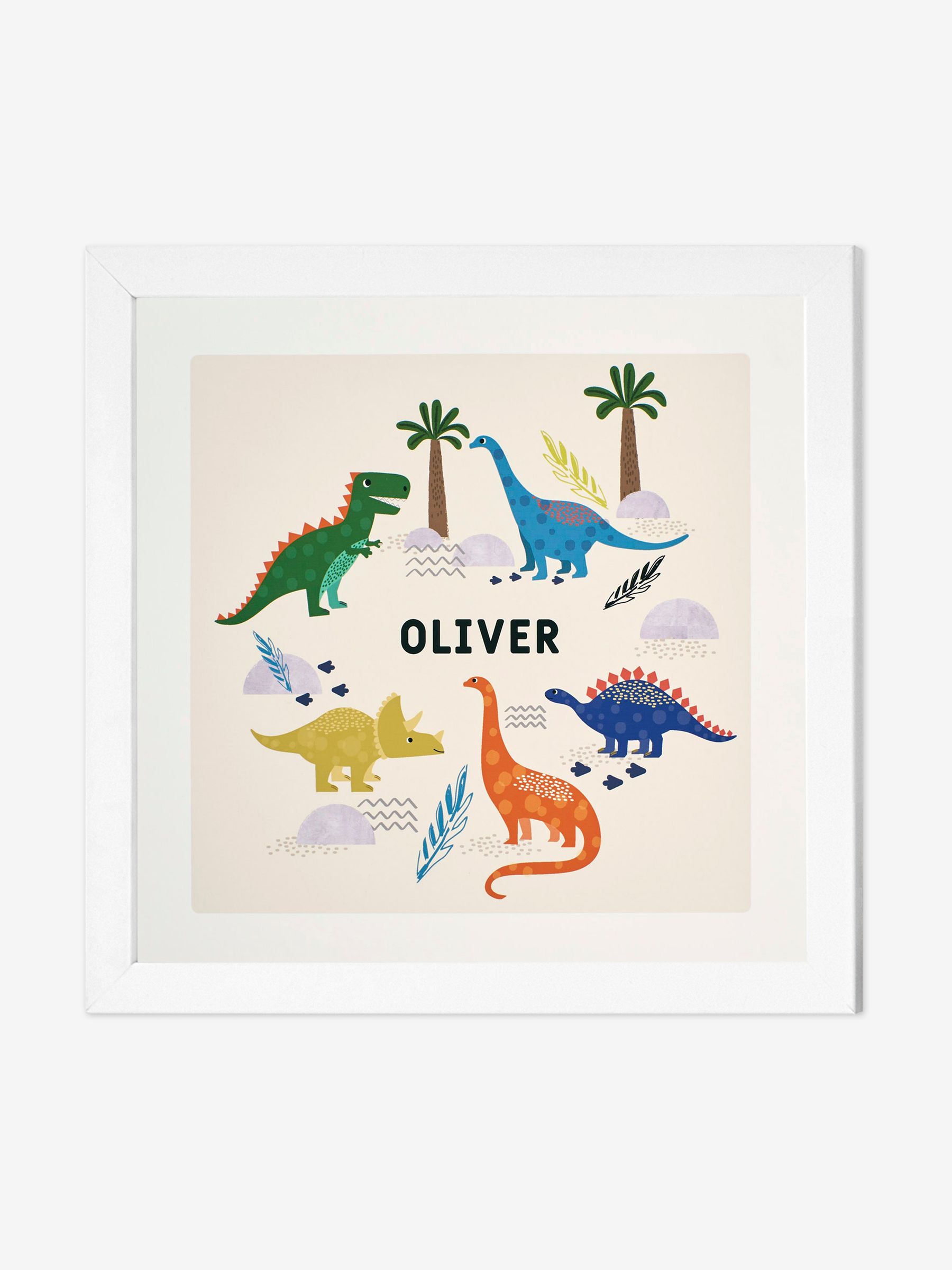 White Personalised & Framed Bright Dinosaur Print - Image 1 of 1
