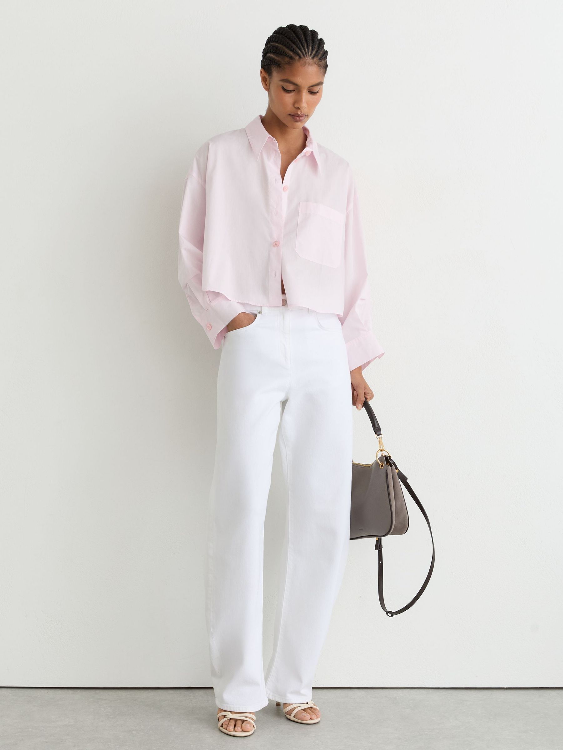 Cotton Cropped Long-Sleeve Shirt in Pink - Image 3 of 6