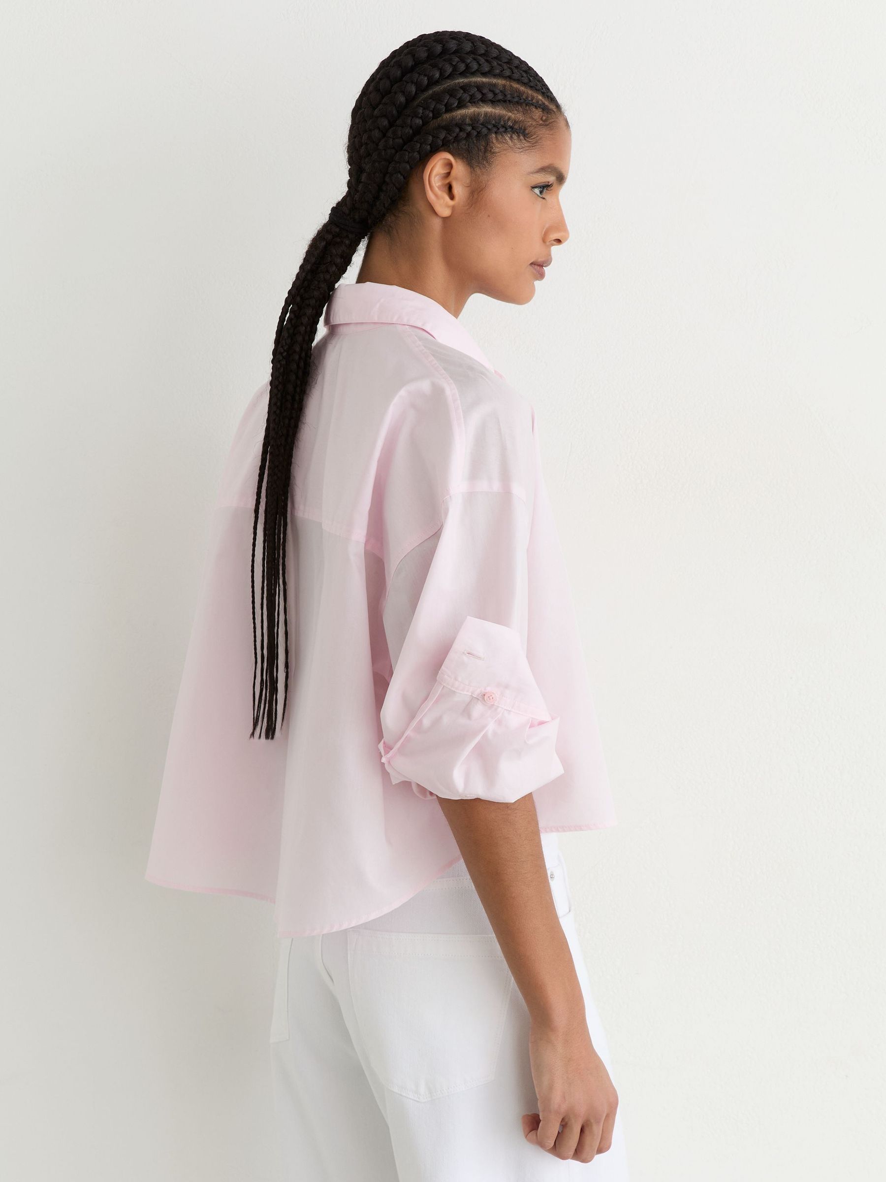 Cotton Cropped Long-Sleeve Shirt in Pink - Image 5 of 6