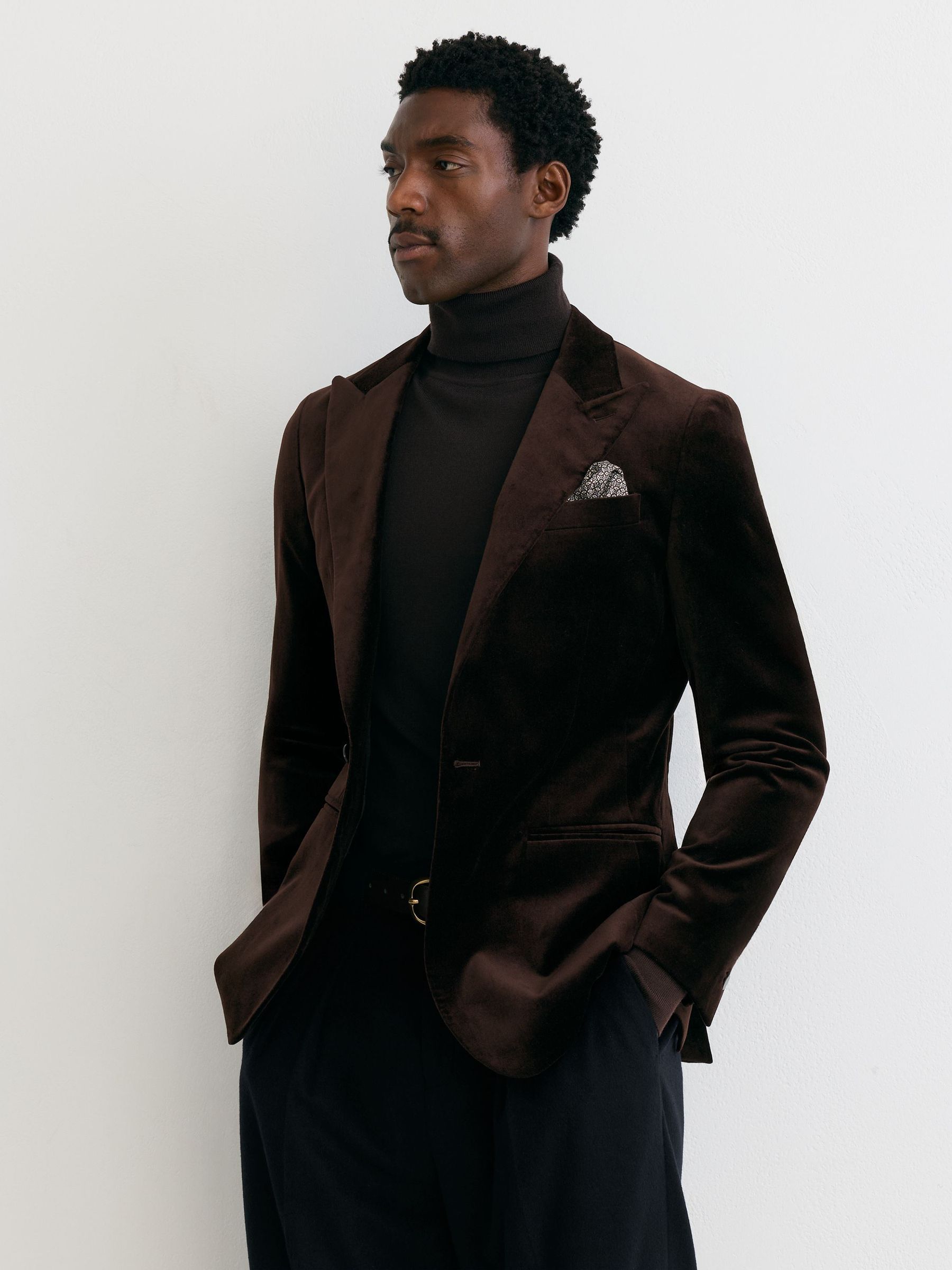 Tailored Fit Velvet Single-Breasted Blazer in Brown - Image 1 of 8 Tailored Fit Velvet Single-Breasted Blazer in Brown - Image 1 of 8