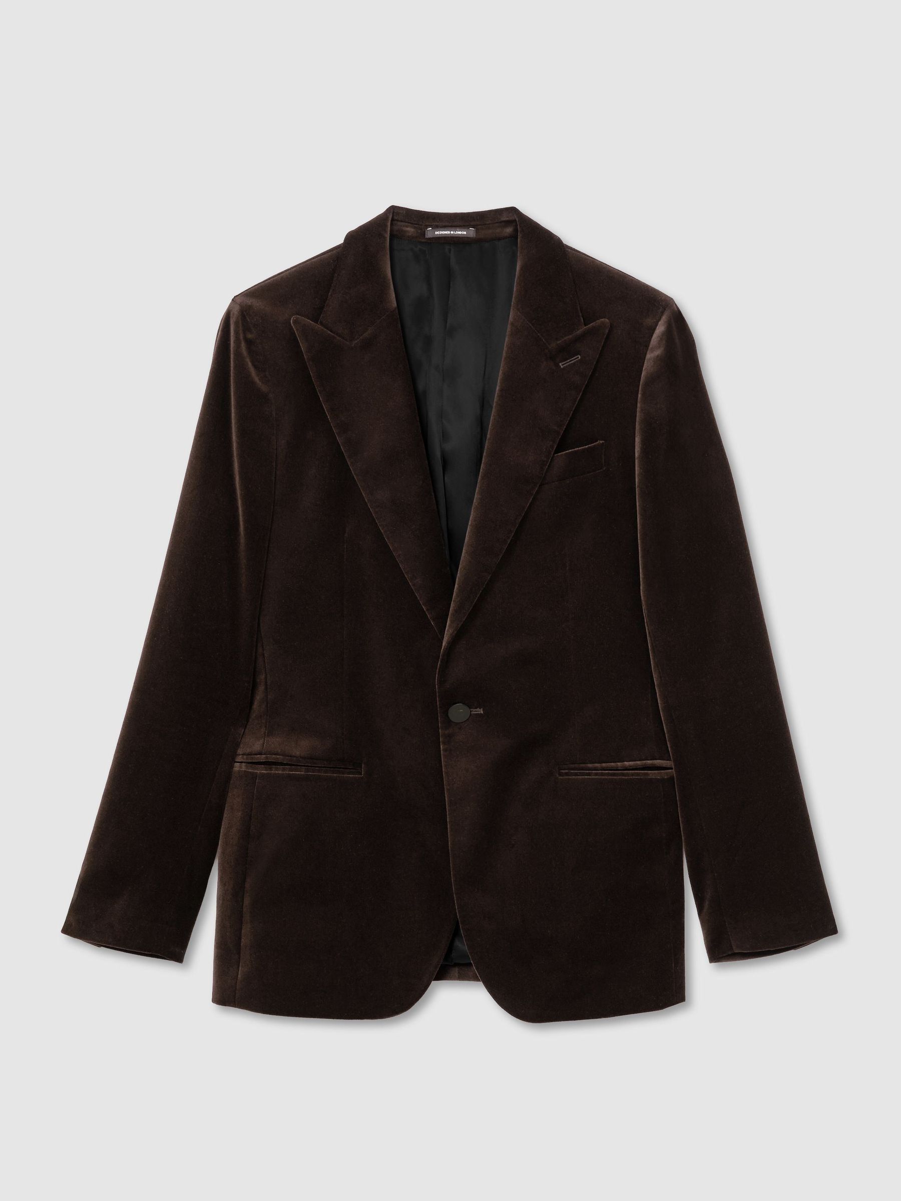 Tailored Fit Velvet Single-Breasted Blazer in Brown - Image 2 of 8 Tailored Fit Velvet Single-Breasted Blazer in Brown - Image 2 of 8