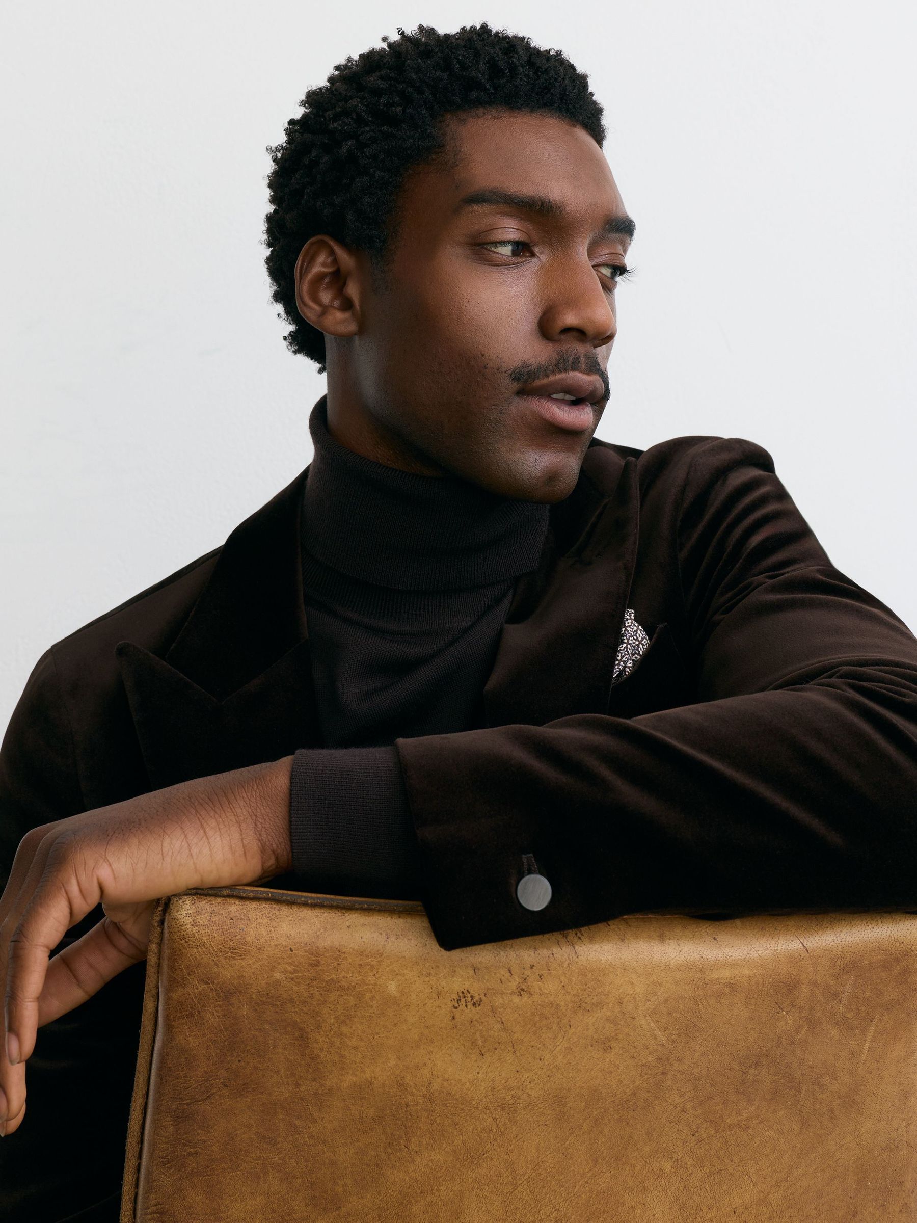 Tailored Fit Velvet Single-Breasted Blazer in Brown - Image 5 of 8