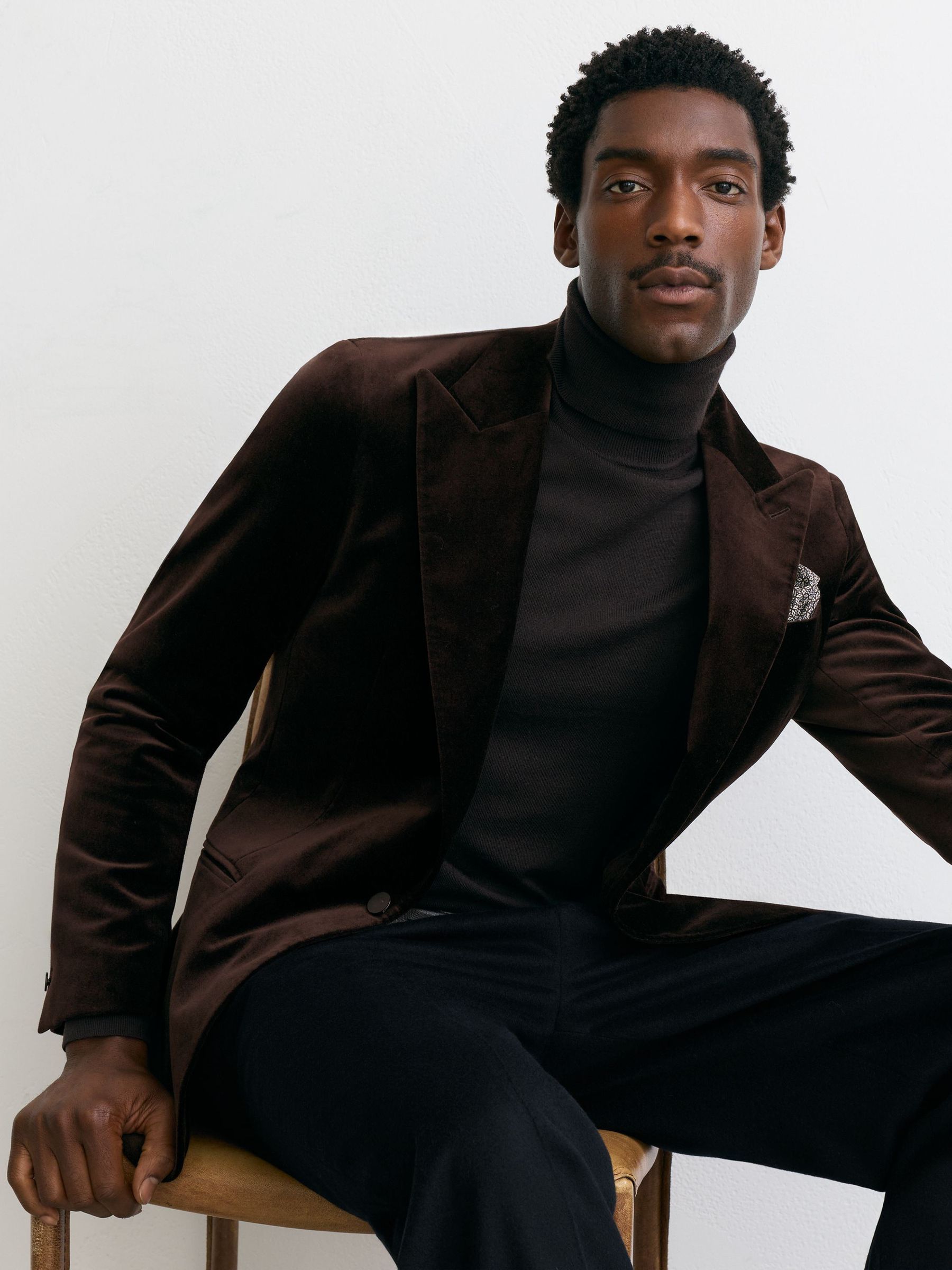 Tailored Fit Velvet Single-Breasted Blazer in Brown - Image 6 of 8