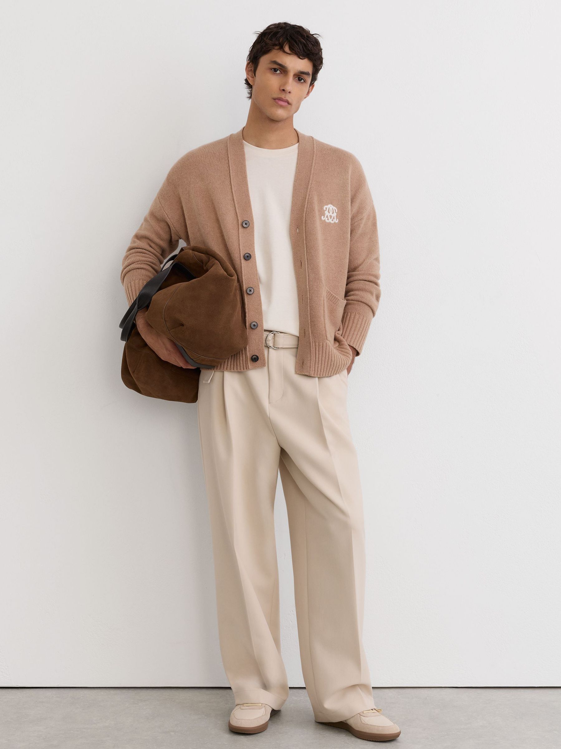 Monogram Embroidered Relaxed Wool Cardigan in Camel Brown - Image 1 of 6 Monogram Embroidered Relaxed Wool Cardigan in Camel Brown - Image 1 of 6