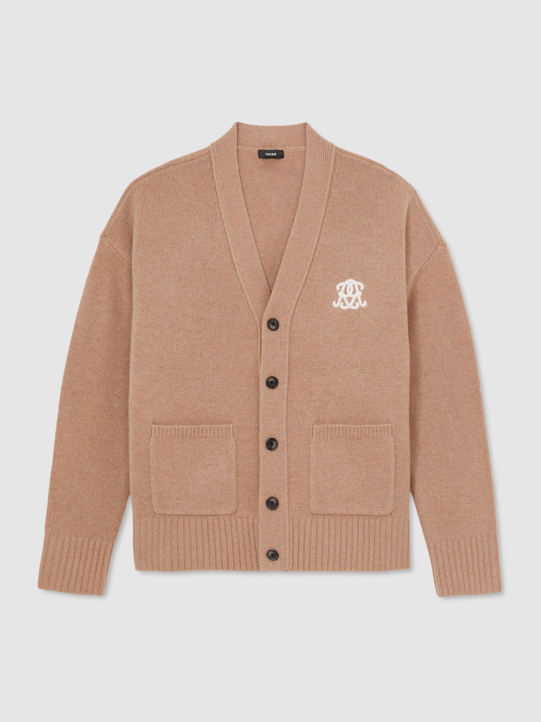 Monogram Embroidered Relaxed Wool Cardigan in Camel Brown - Image 2 of 6 Monogram Embroidered Relaxed Wool Cardigan in Camel Brown - Image 2 of 6