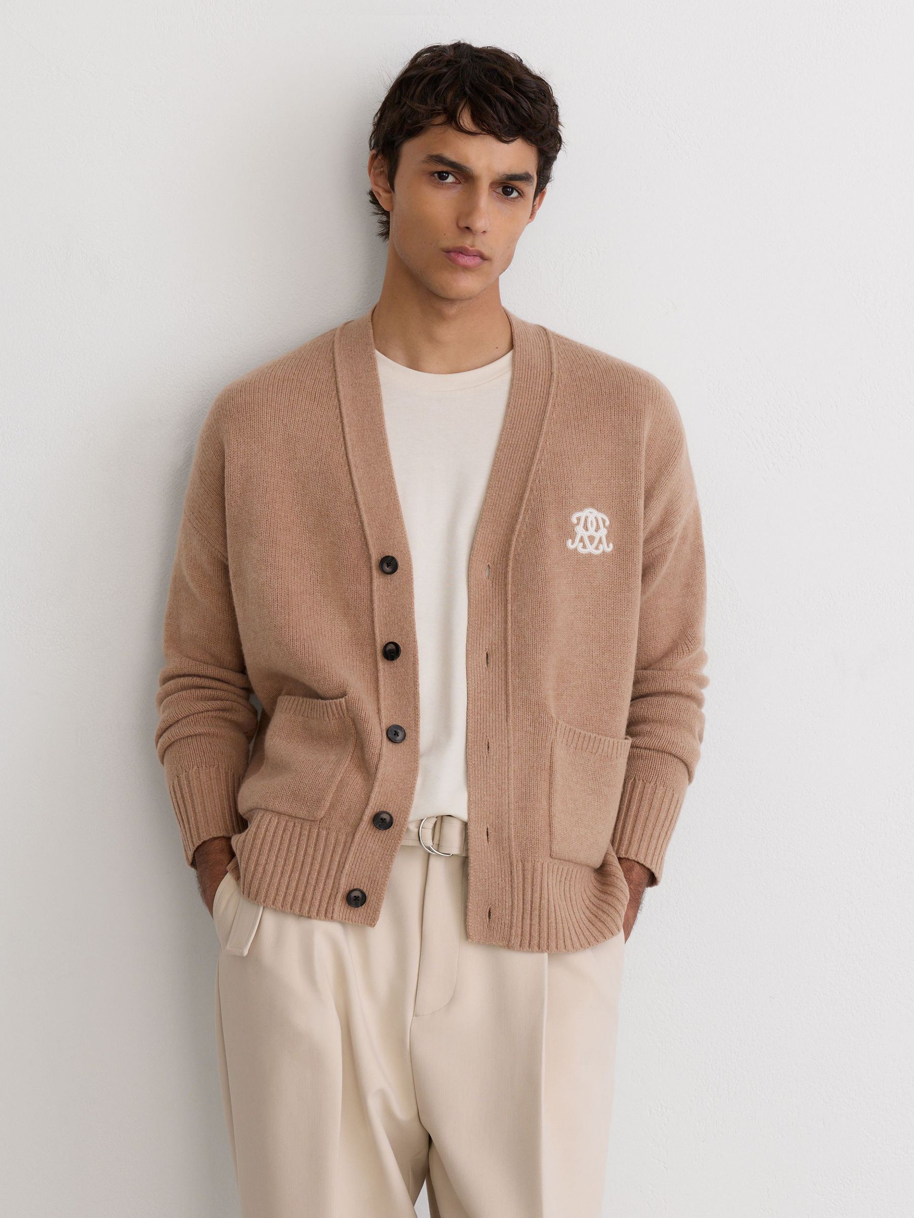 Monogram Embroidered Relaxed Wool Cardigan in Camel Brown - Image 3 of 6