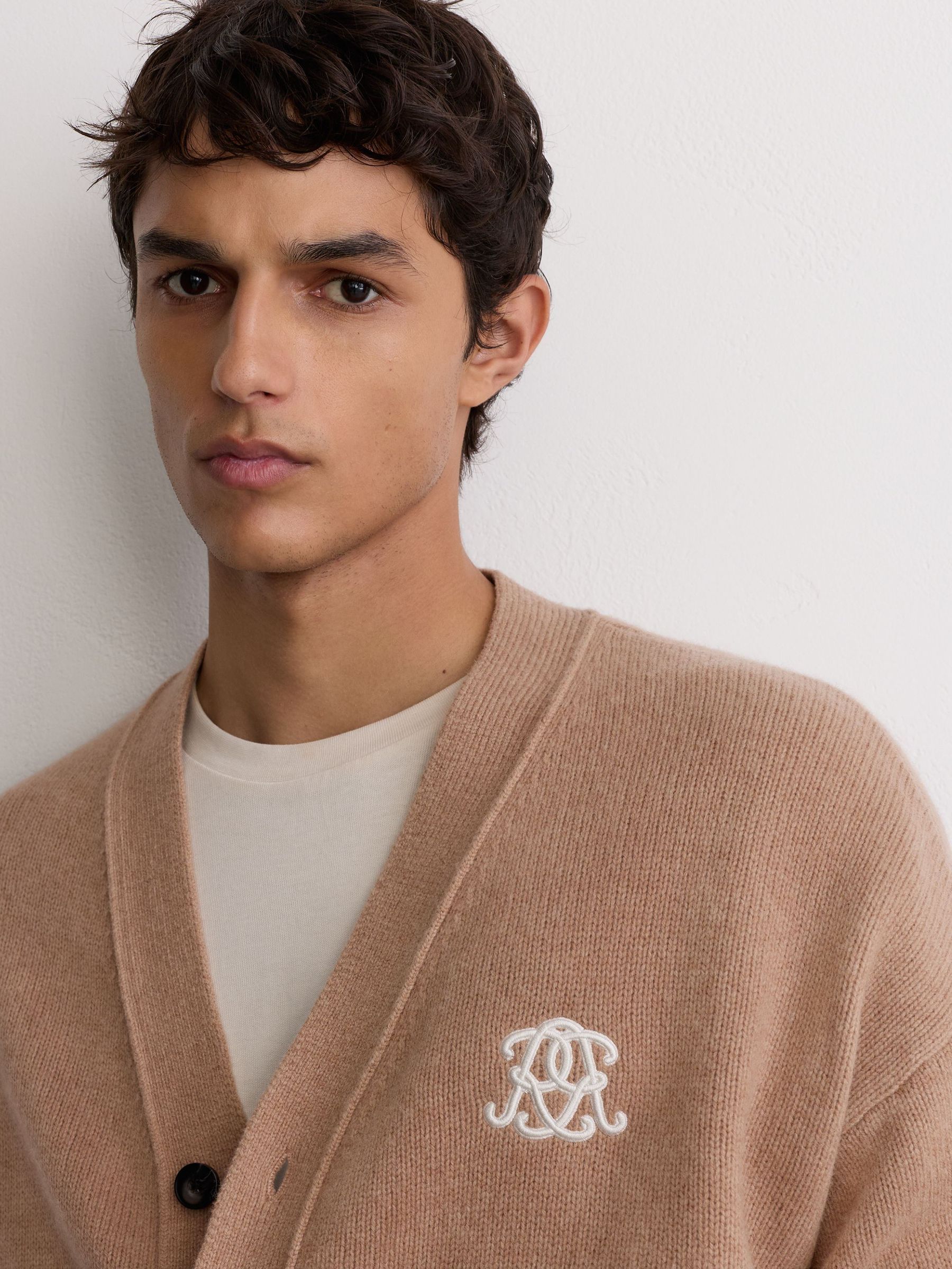 Monogram Embroidered Relaxed Wool Cardigan in Camel Brown - Image 4 of 6