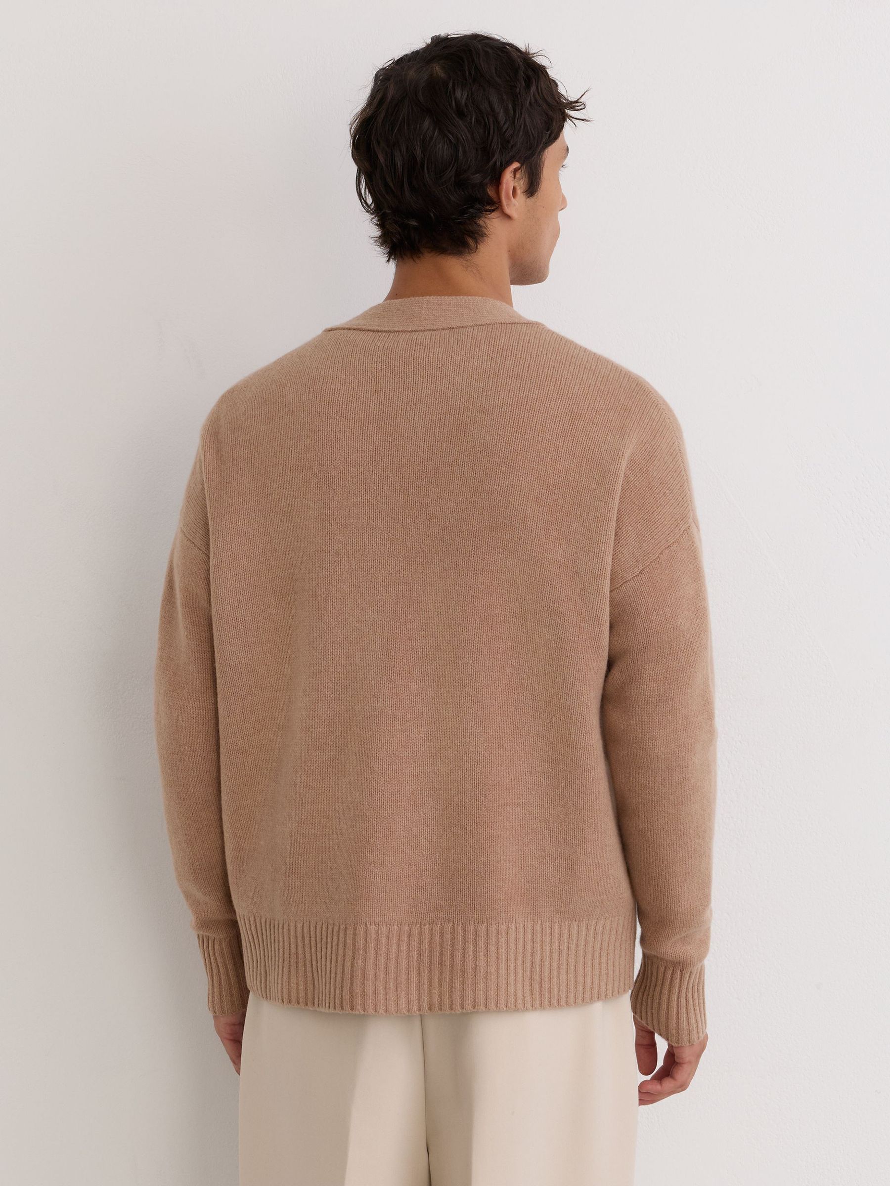 Monogram Embroidered Relaxed Wool Cardigan in Camel Brown - Image 5 of 6