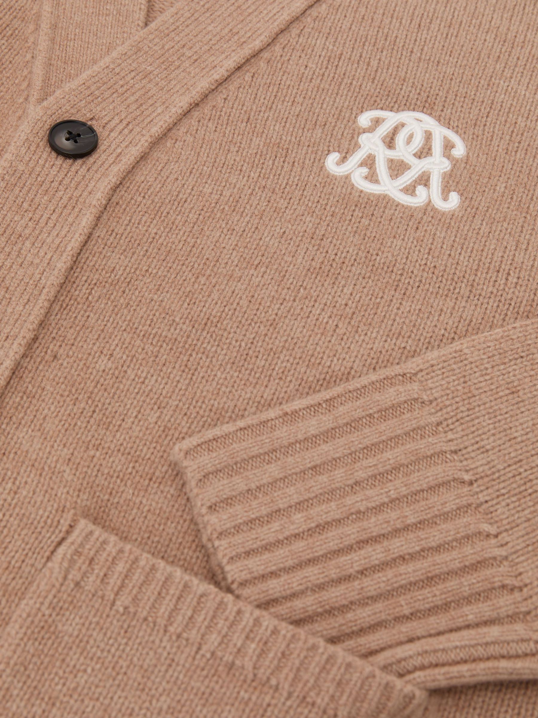 Monogram Embroidered Relaxed Wool Cardigan in Camel Brown - Image 6 of 6