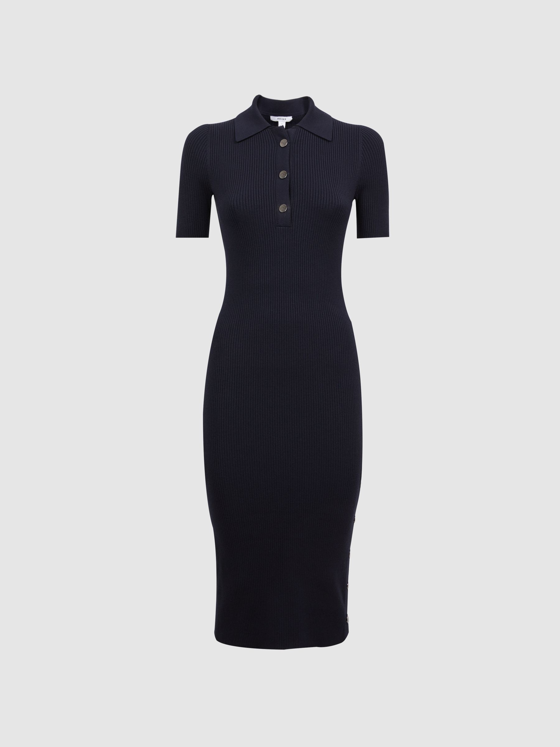 Knitted Bodycon Polo Midi Dress in Navy - Image 2 of 5