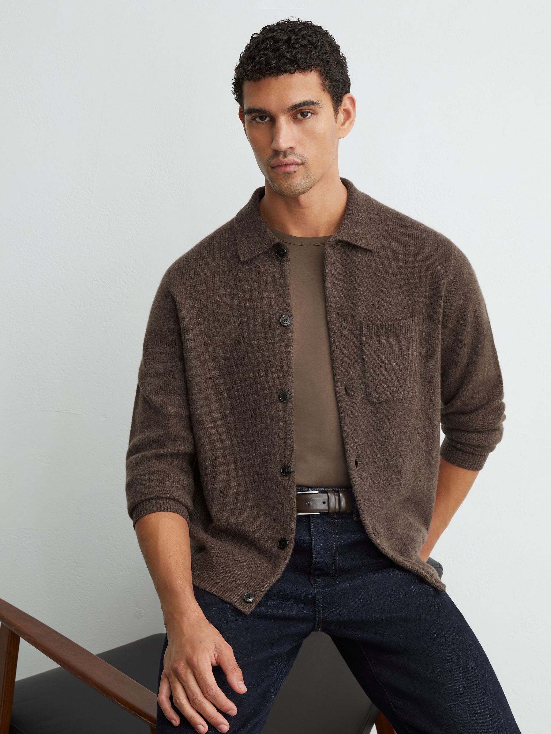 100% Cashmere Button-Through Shirt in Chocolate Melange - Image 1 of 7