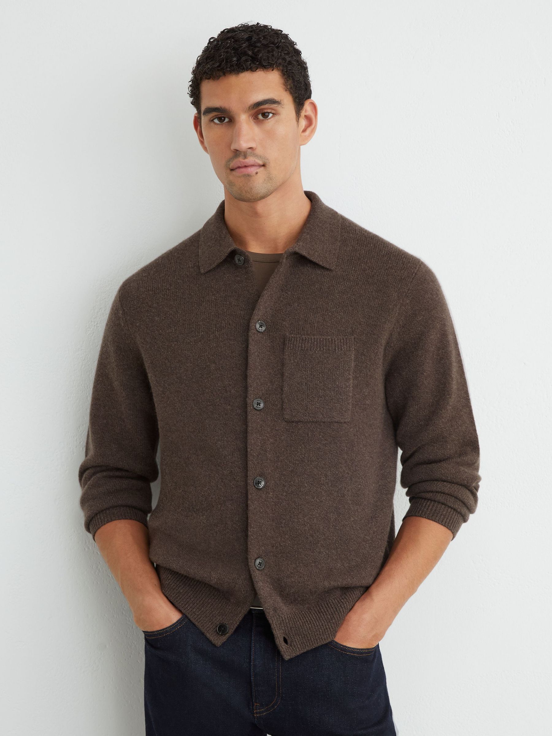 100% Cashmere Button-Through Shirt in Chocolate Melange - Image 5 of 7