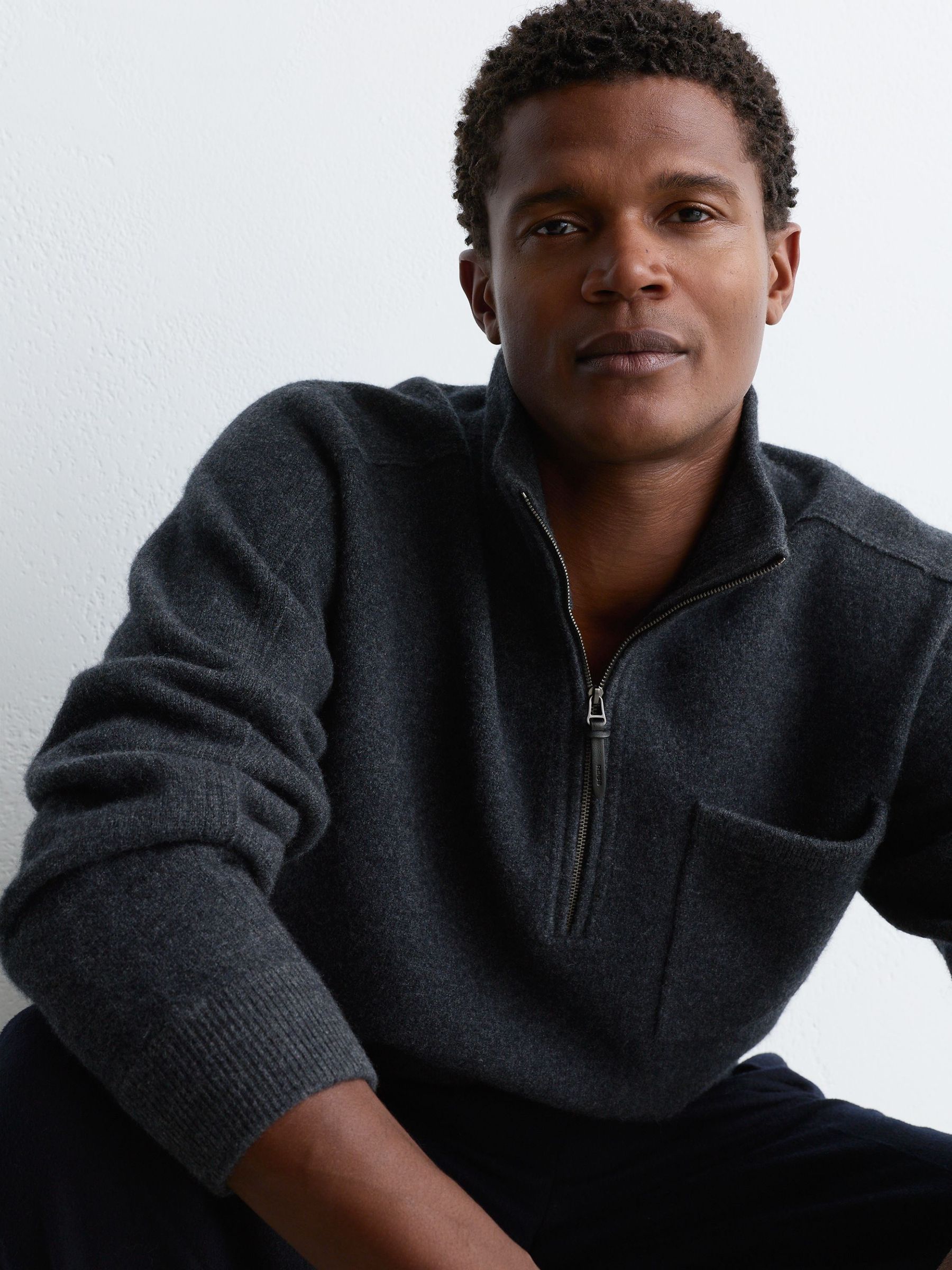 Boiled-Wool Funnel-Neck Quarter-Zip Jumper in Charcoal Grey - Image 1 of 7