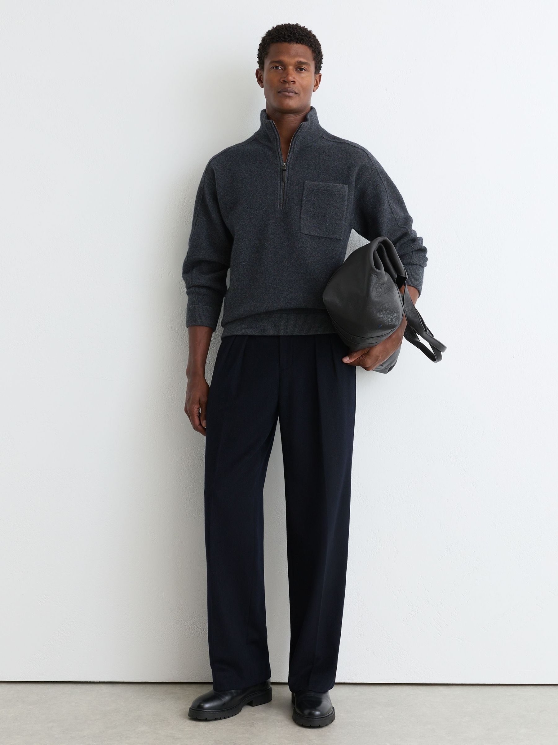 Boiled-Wool Funnel-Neck Quarter-Zip Jumper in Charcoal Grey - Image 3 of 7