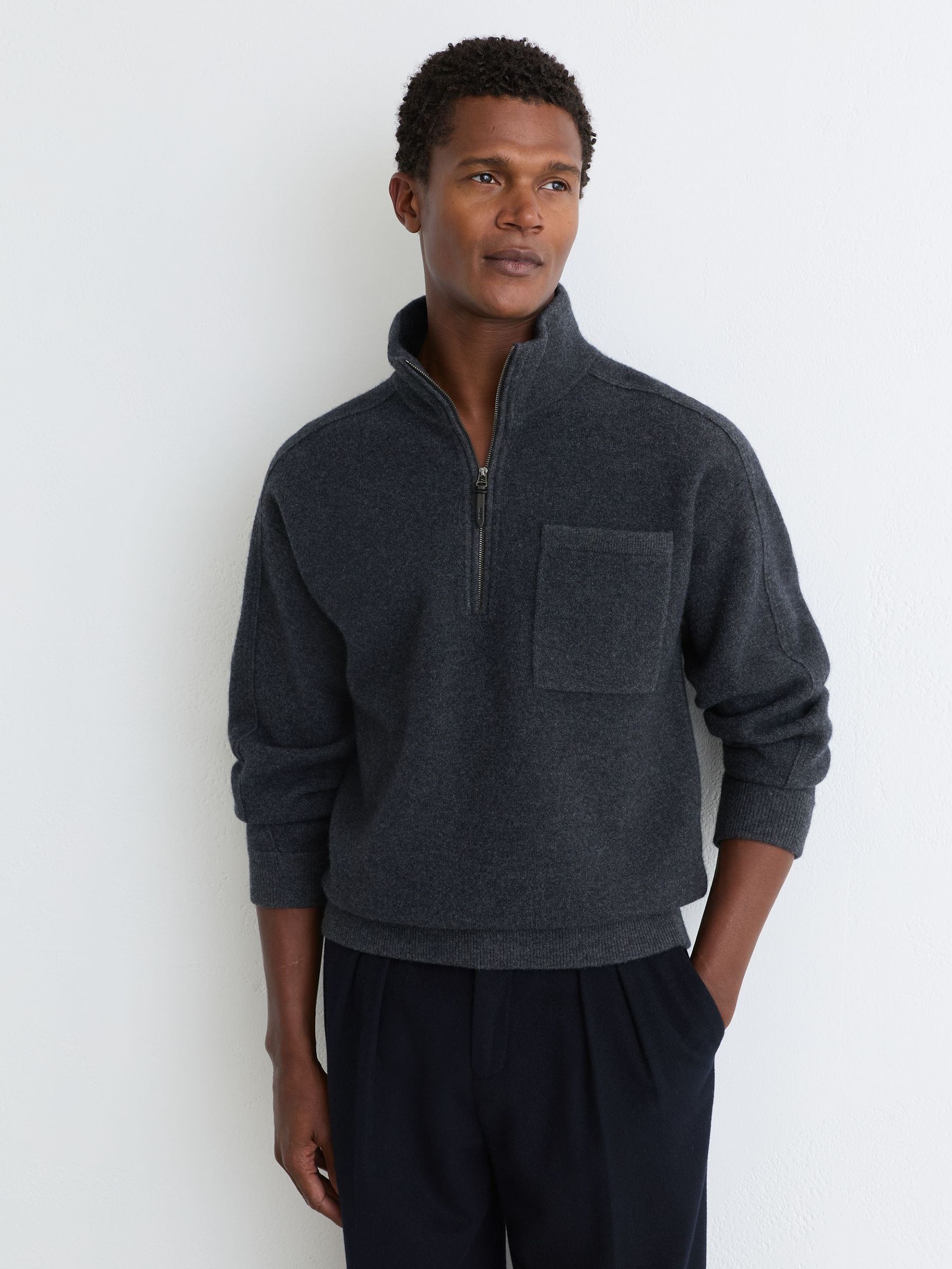 Boiled-Wool Funnel-Neck Quarter-Zip Jumper in Charcoal Grey - Image 4 of 7
