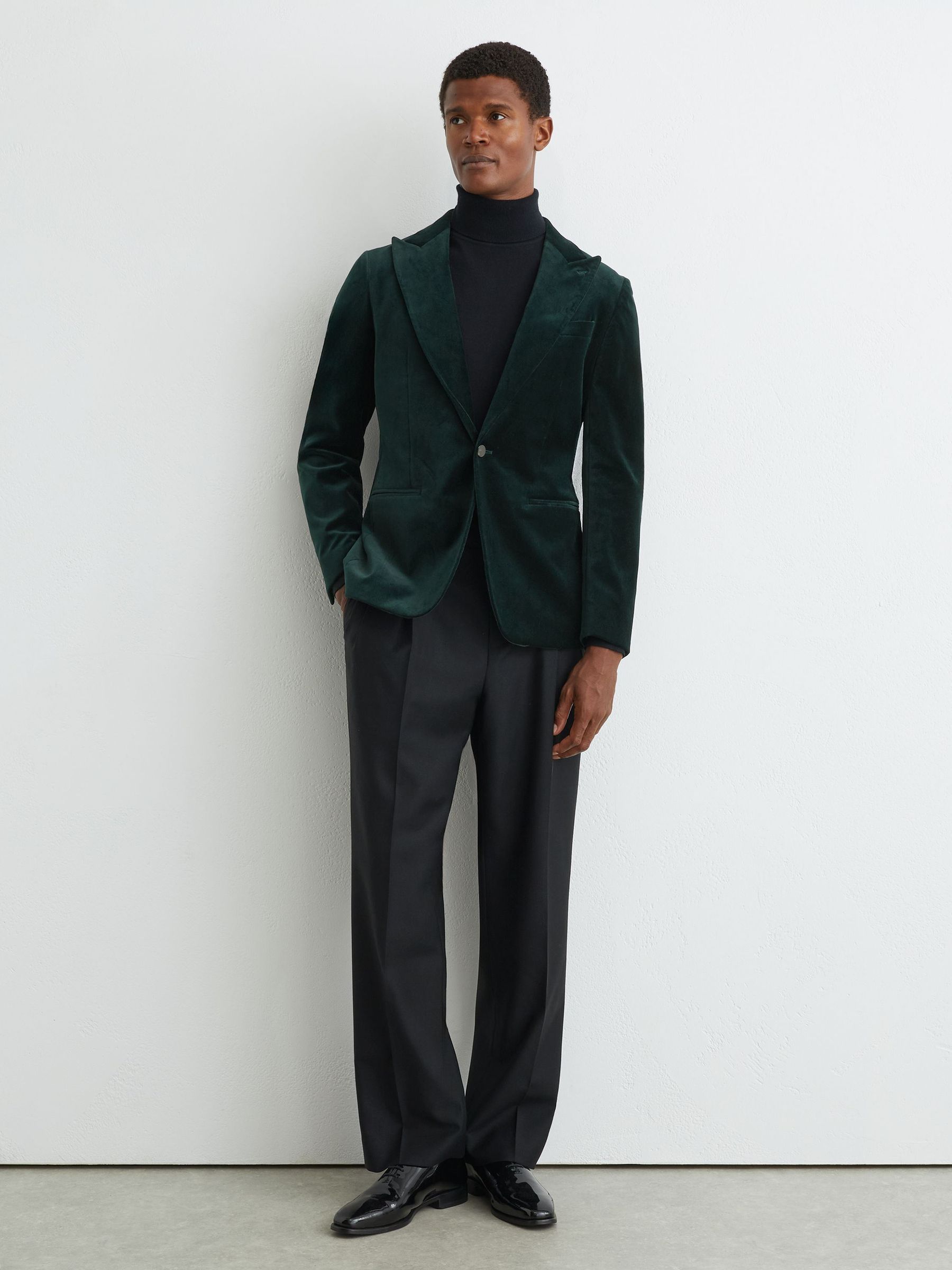 Tailored Fit Velvet Single-Breasted Blazer in Green - Image 1 of 10