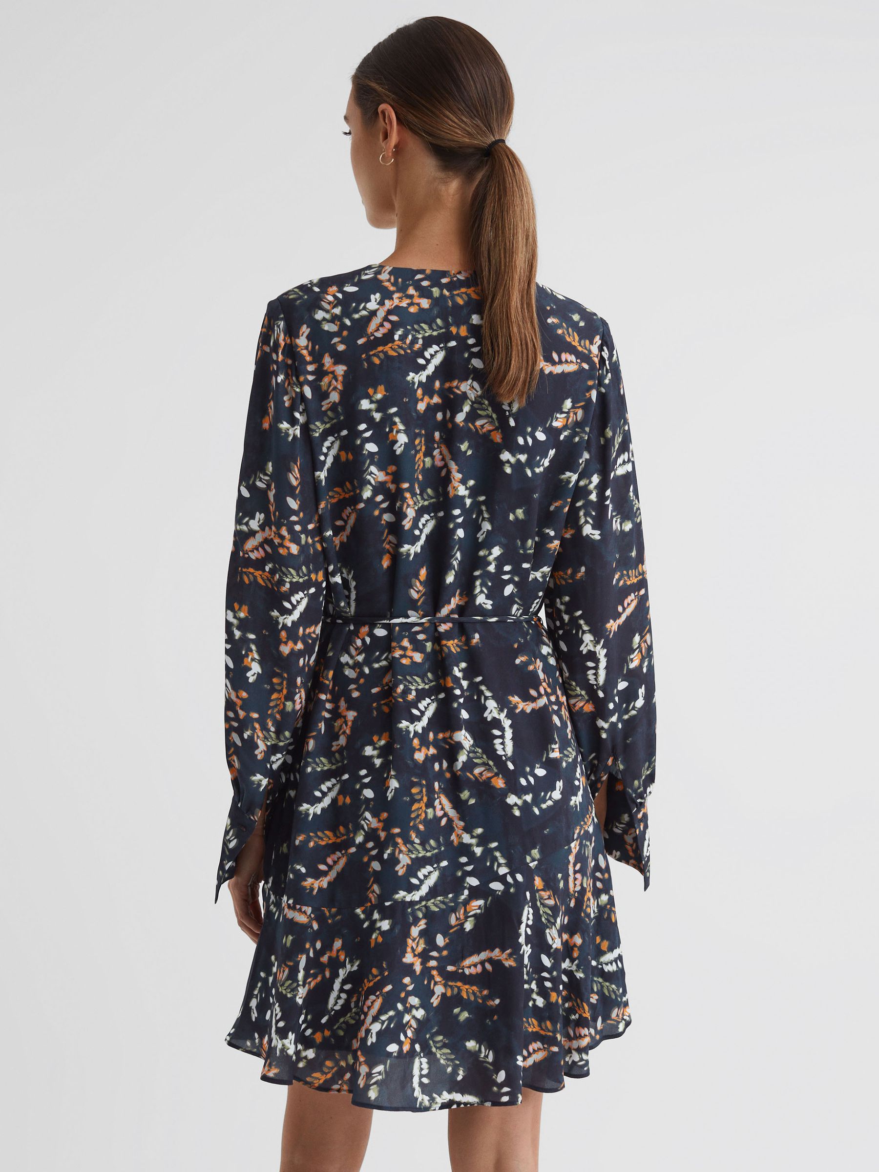 Reiss Printed Long Sleeve Midi Dress in Black | REISS