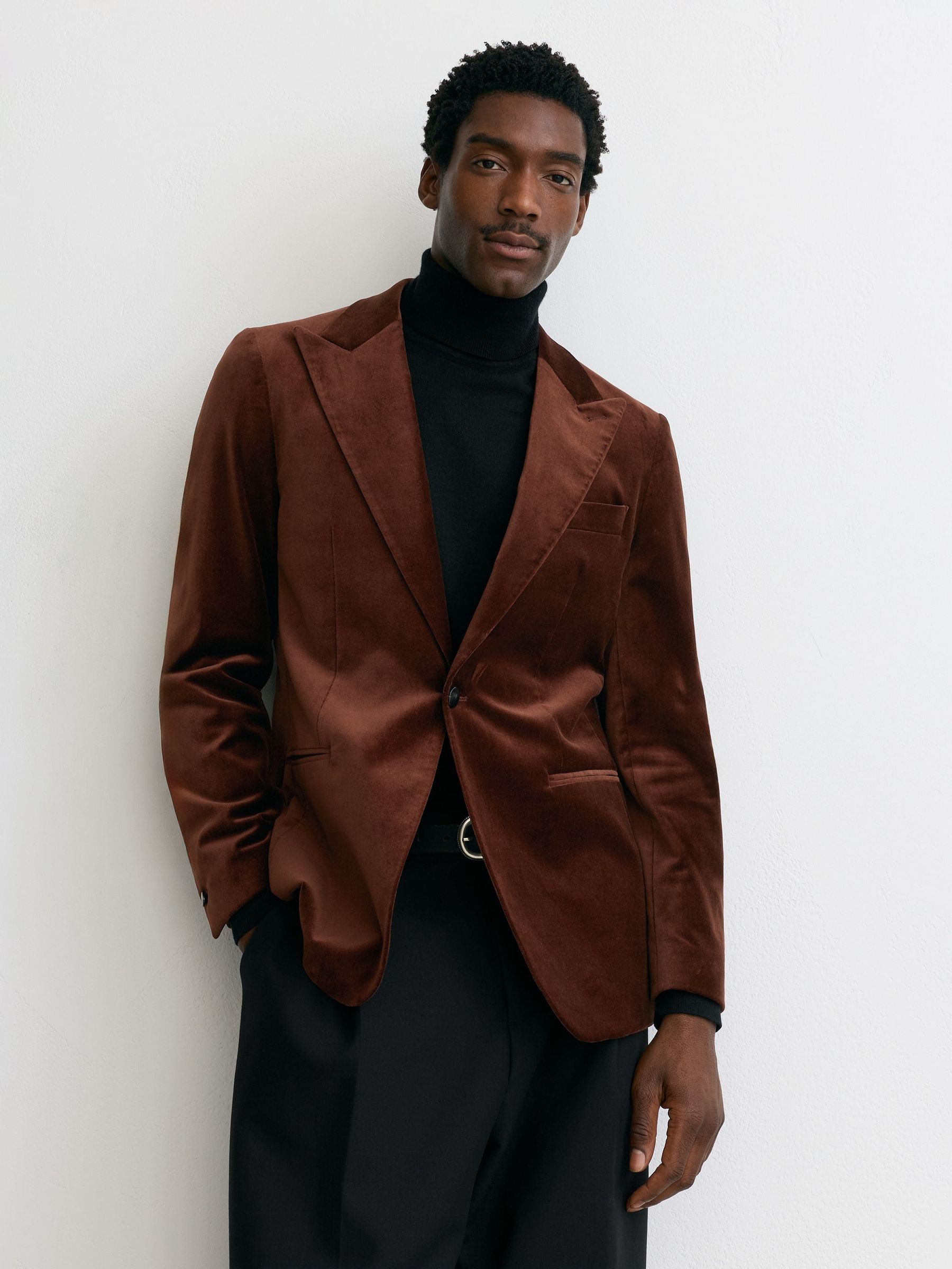 Velvet Single-Breasted Classic-Fit Blazer in Tobacco Brown - Image 3 of 9