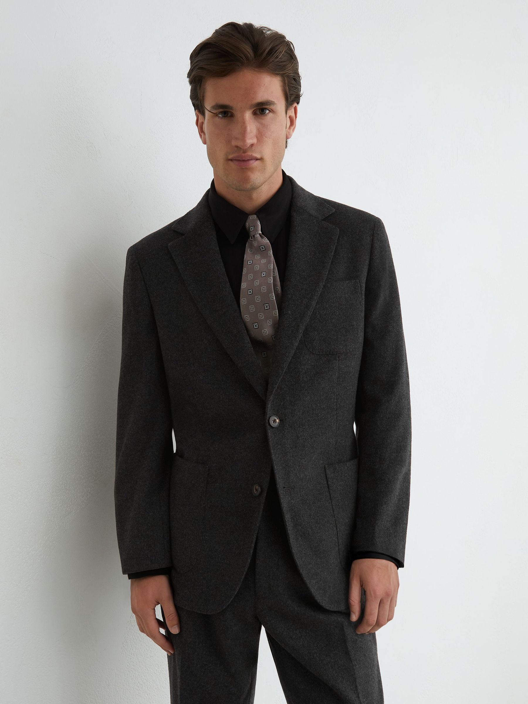 Tailored Fit Wool-Blend Flannel Single-Breasted Suit Blazer in Charcoal Grey - Image 1 of 8