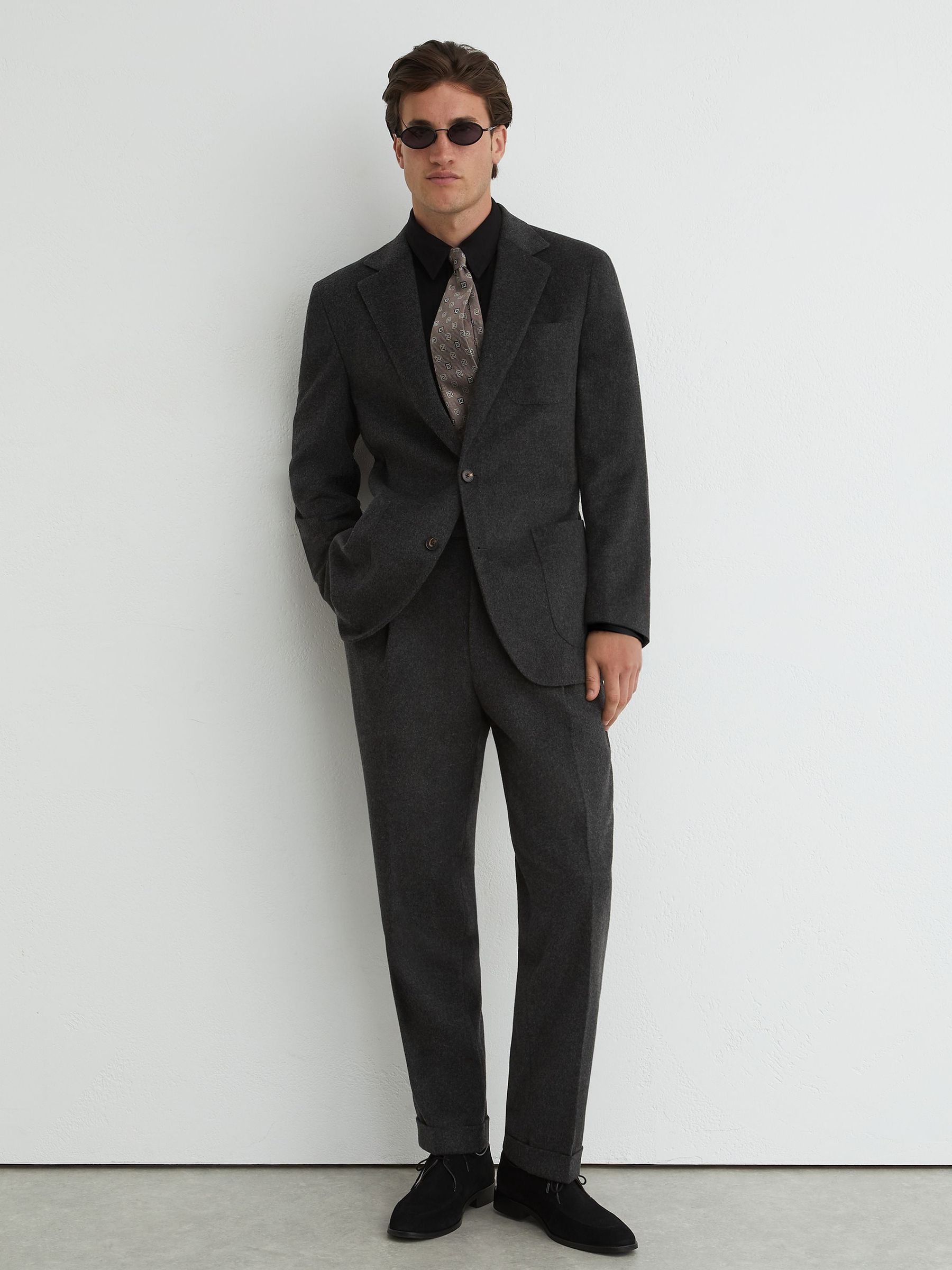 Tailored Fit Wool-Blend Flannel Single-Breasted Suit Blazer in Charcoal Grey - Image 4 of 8