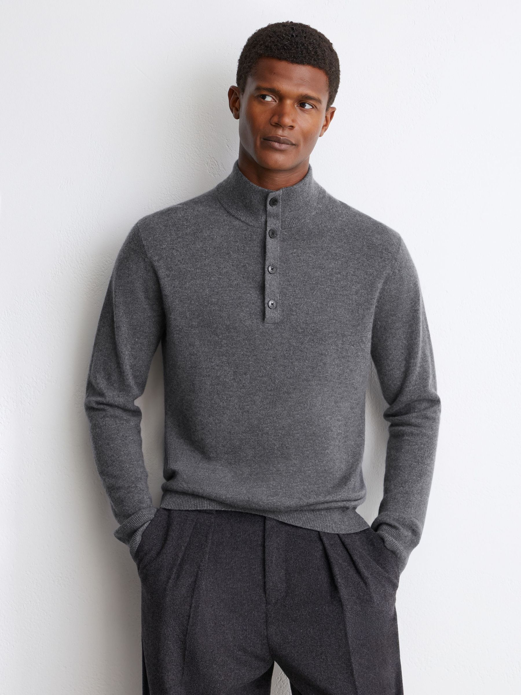 100% Cashmere Funnel-Neck Jumper in Mid Grey Melange - Image 3 of 6