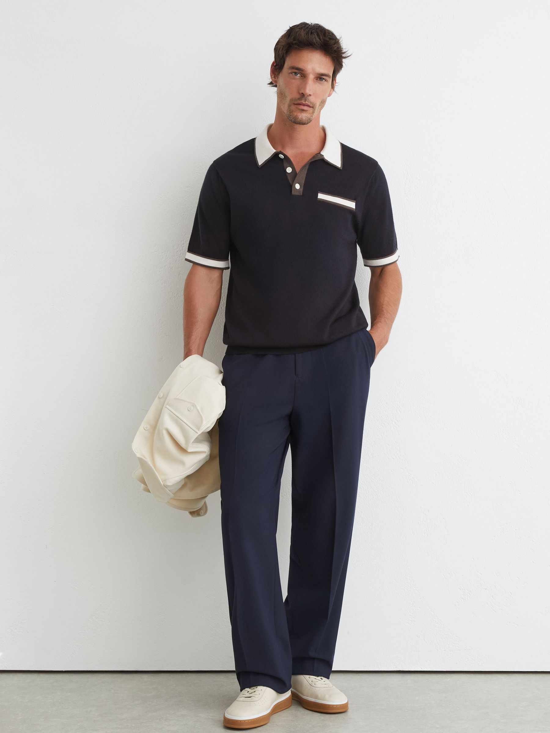 Merino Wool Contrast-Trim Polo Shirt in Navy - Image 3 of 7