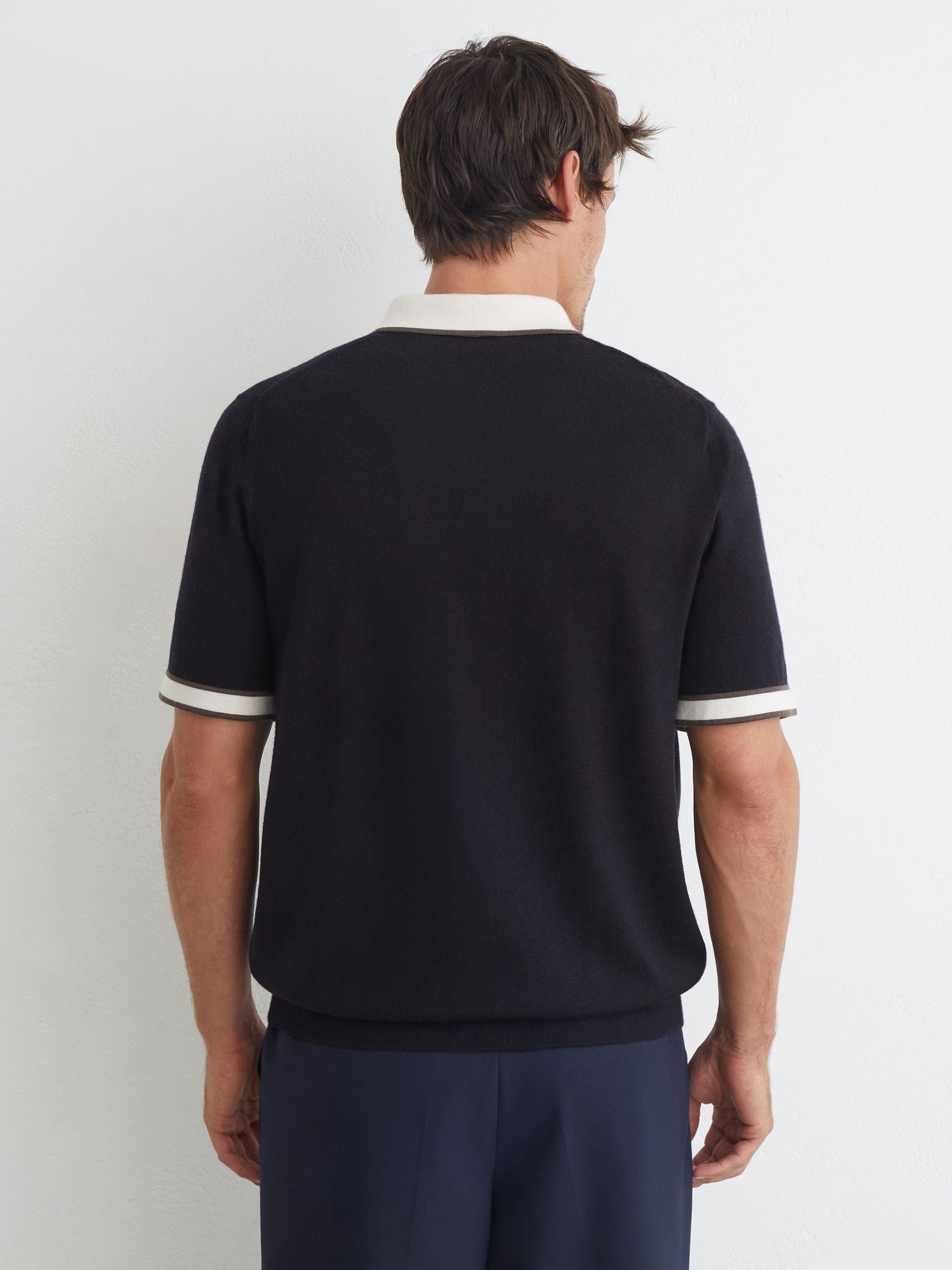 Merino Wool Contrast-Trim Polo Shirt in Navy - Image 4 of 7