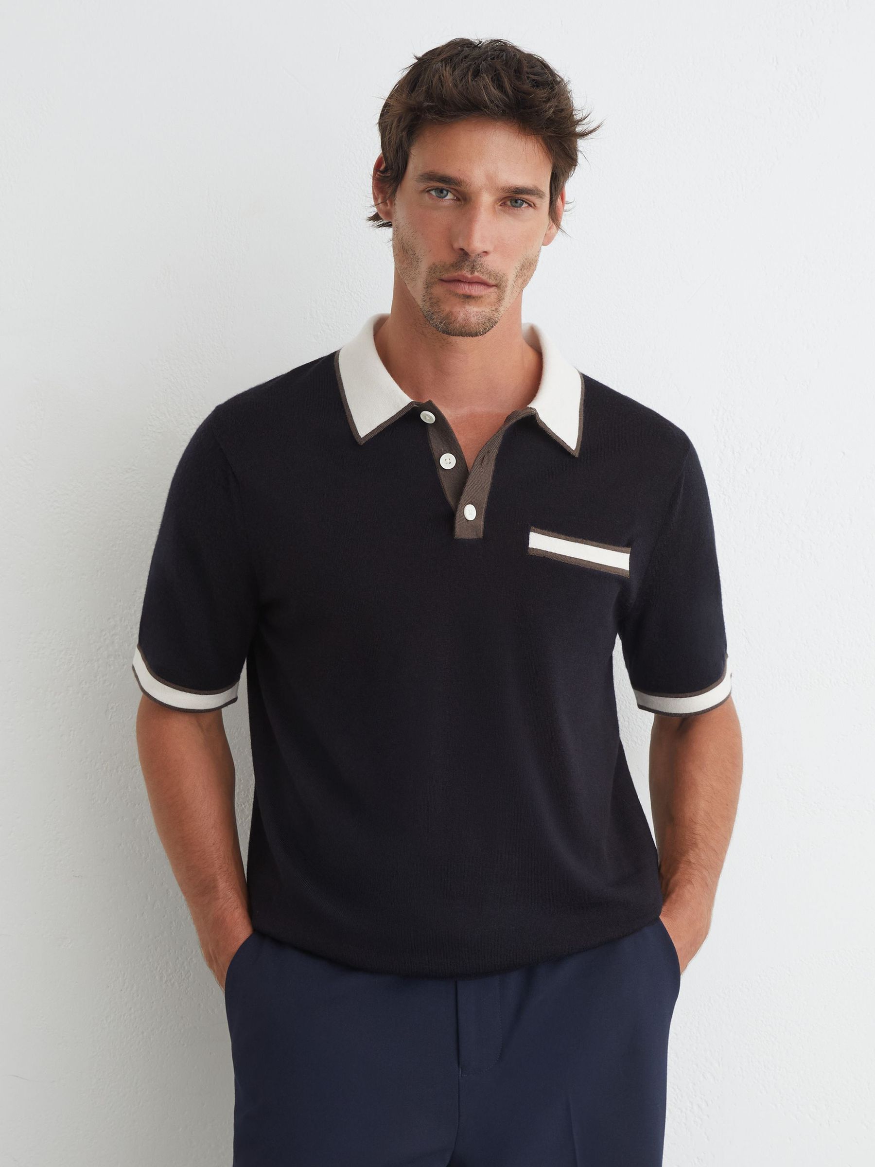 Merino Wool Contrast-Trim Polo Shirt in Navy - Image 5 of 7